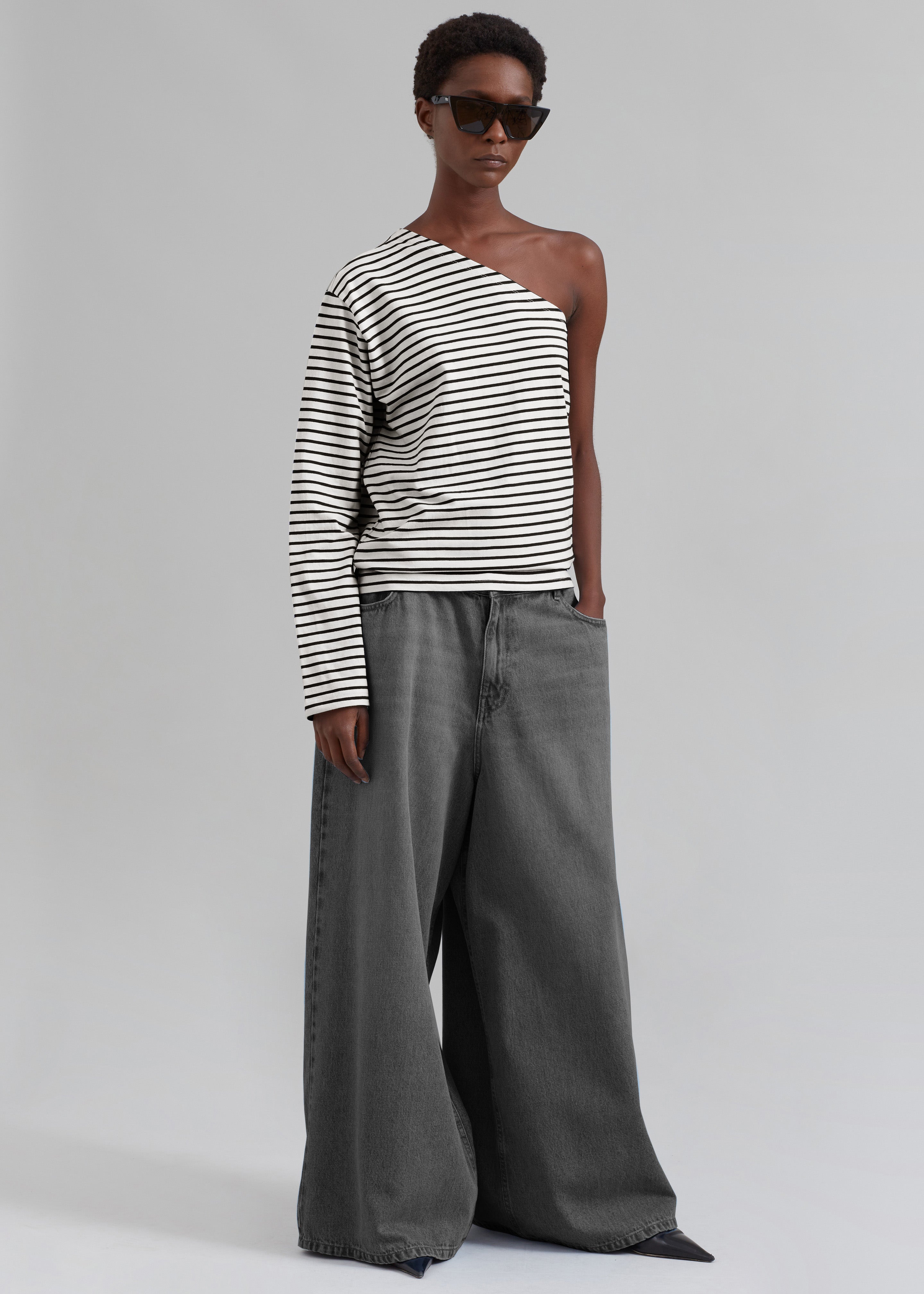 Jean One Shoulder Top - Black Stripe - 3