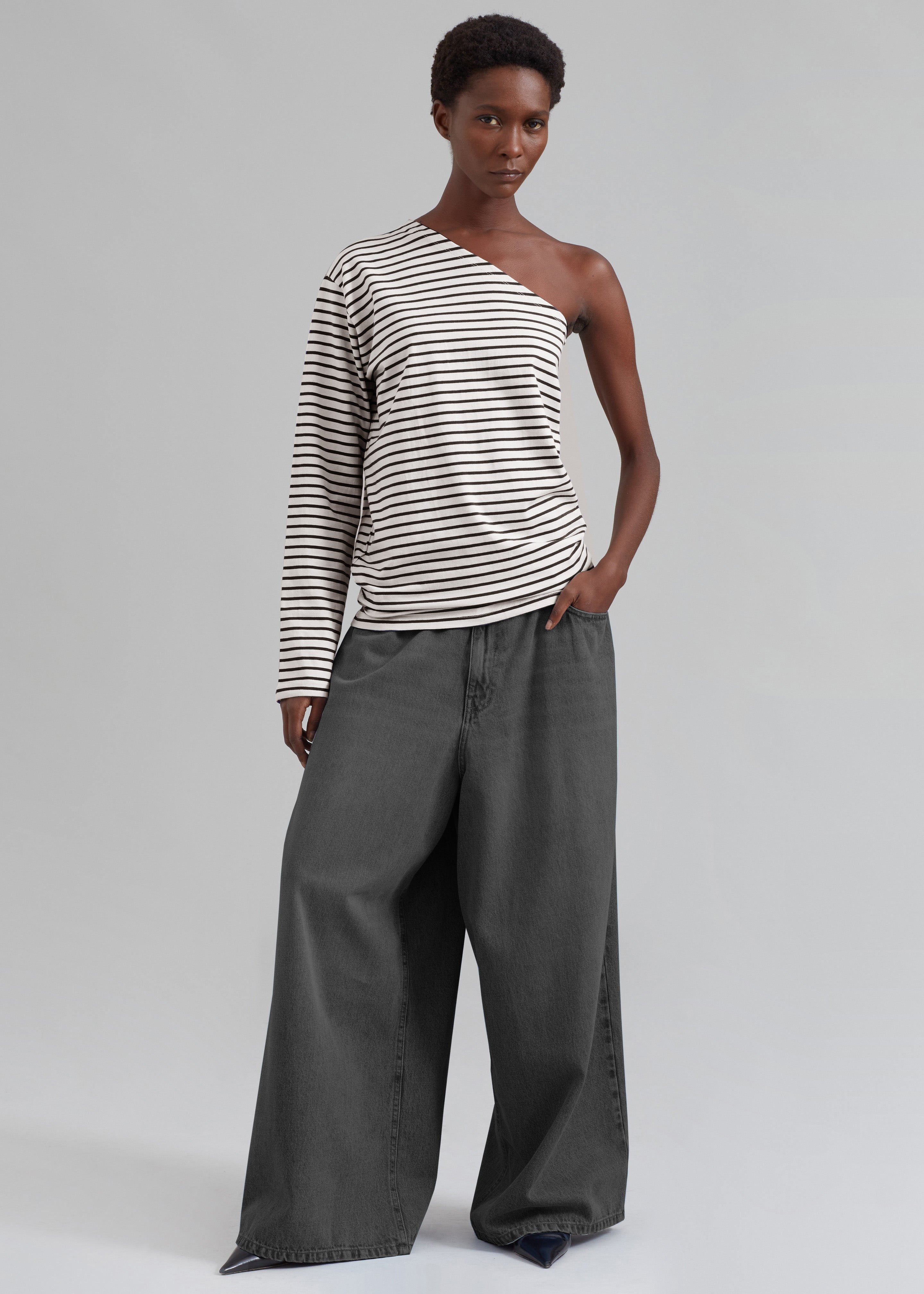 Jean One Shoulder Top - Black Stripe - 6
