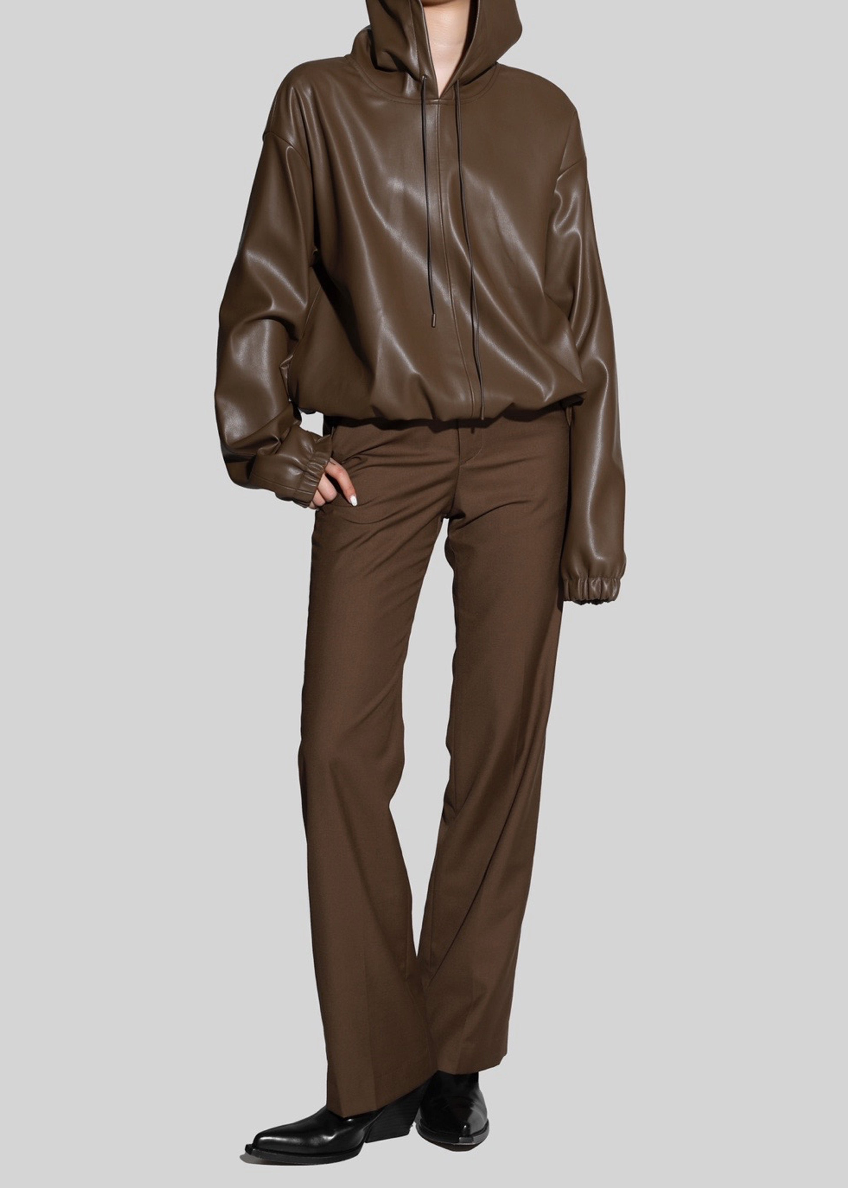 Kerang Faux Leather Hoodie - Brown - 9