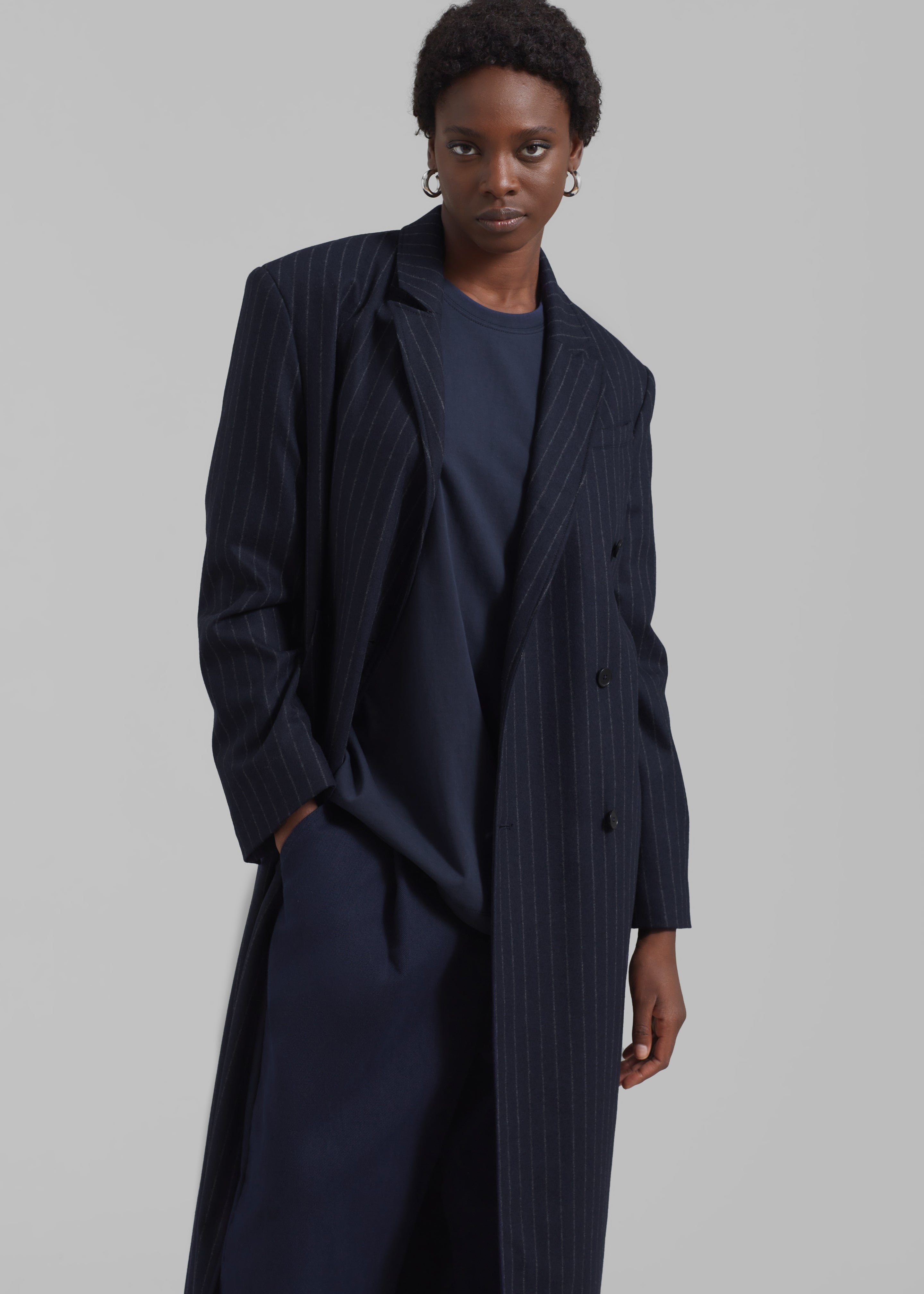 Loulou Studio Ido Long Coat - Navy Stripes - 4