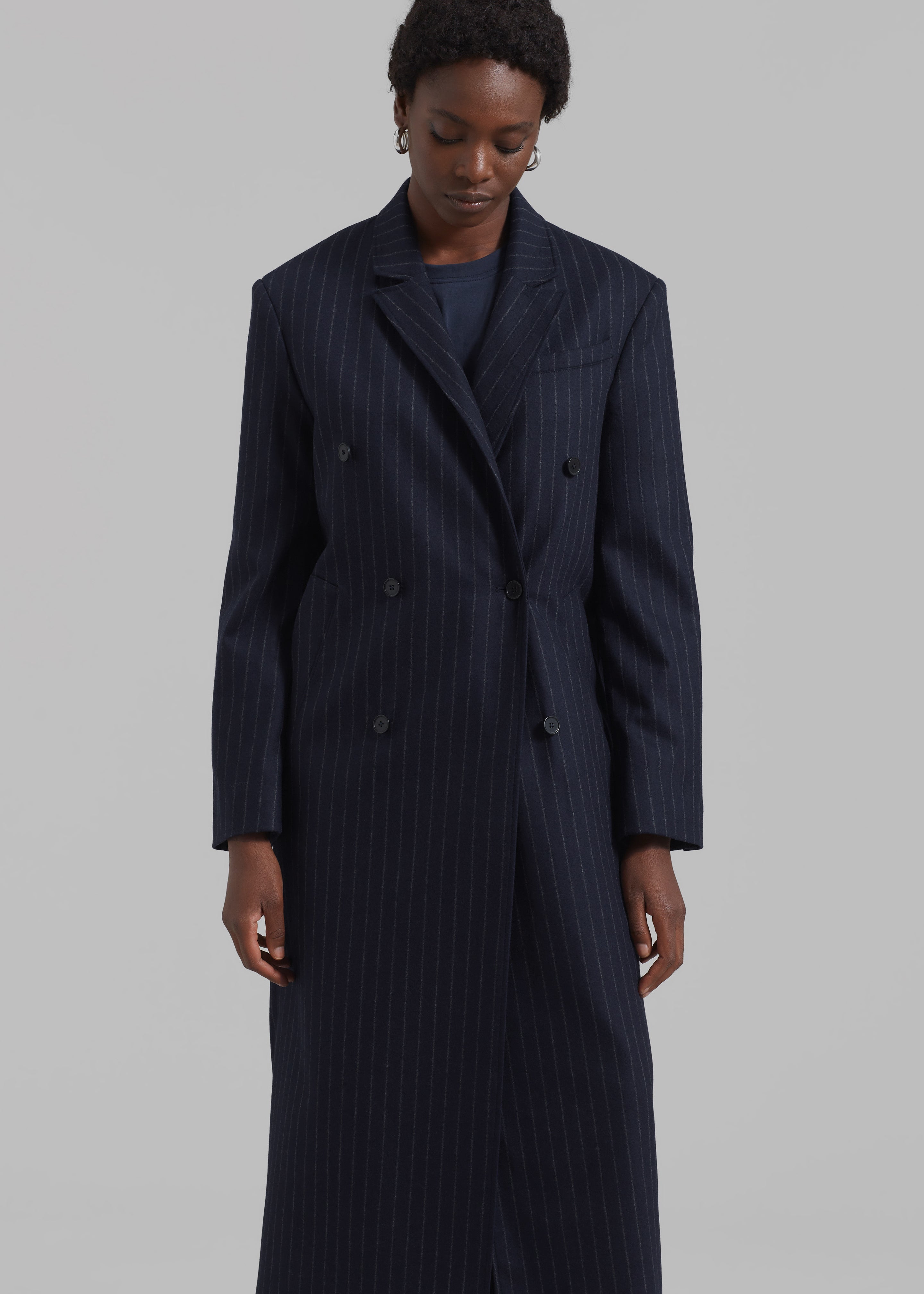 Loulou Studio Ido Long Coat - Navy Stripes - 2