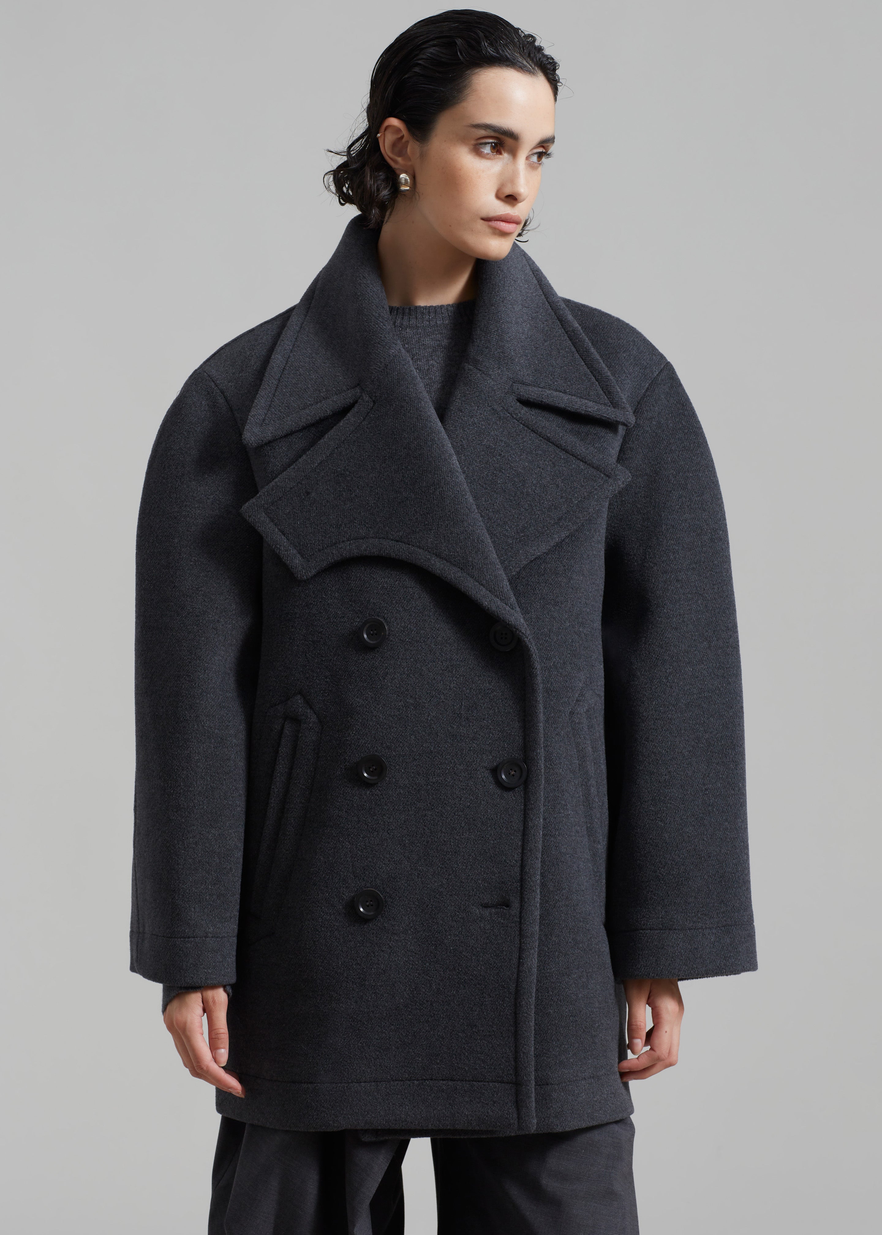 Low Classic Wide Collar Peacoat - Grey - 3