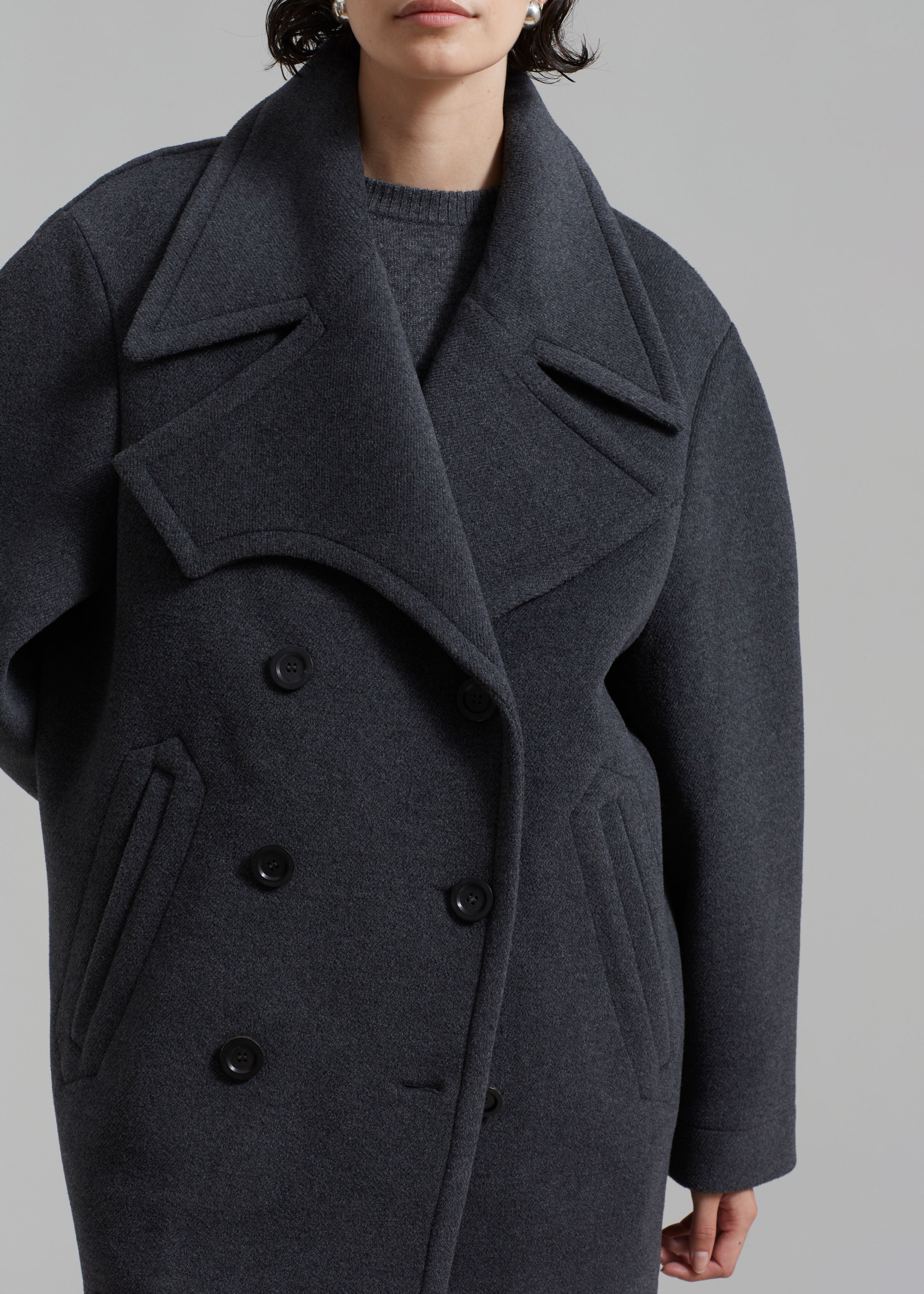 Low Classic Wide Collar Peacoat - Grey - 5