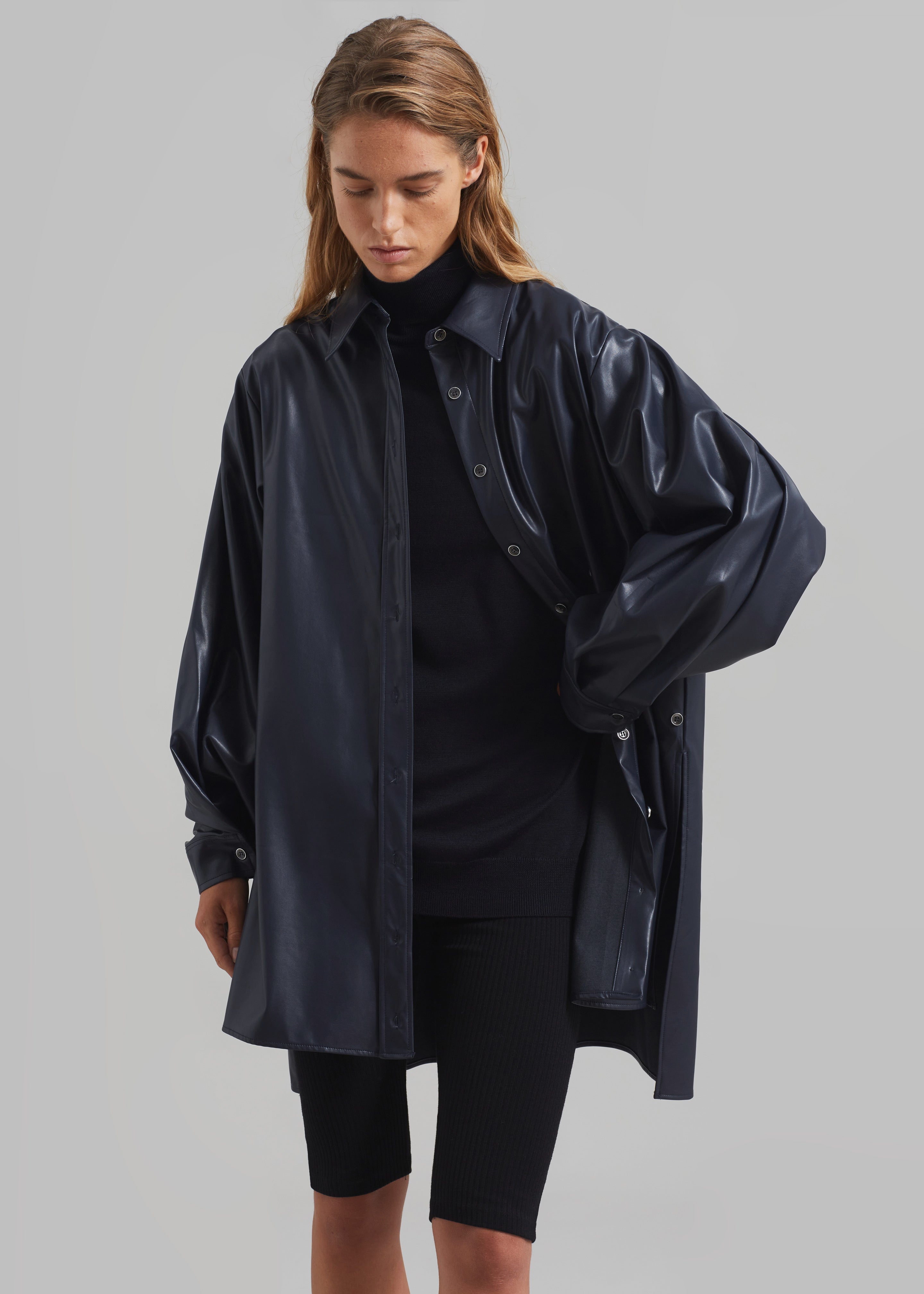Luke Faux Leather Button Up Shirt - Navy - 4