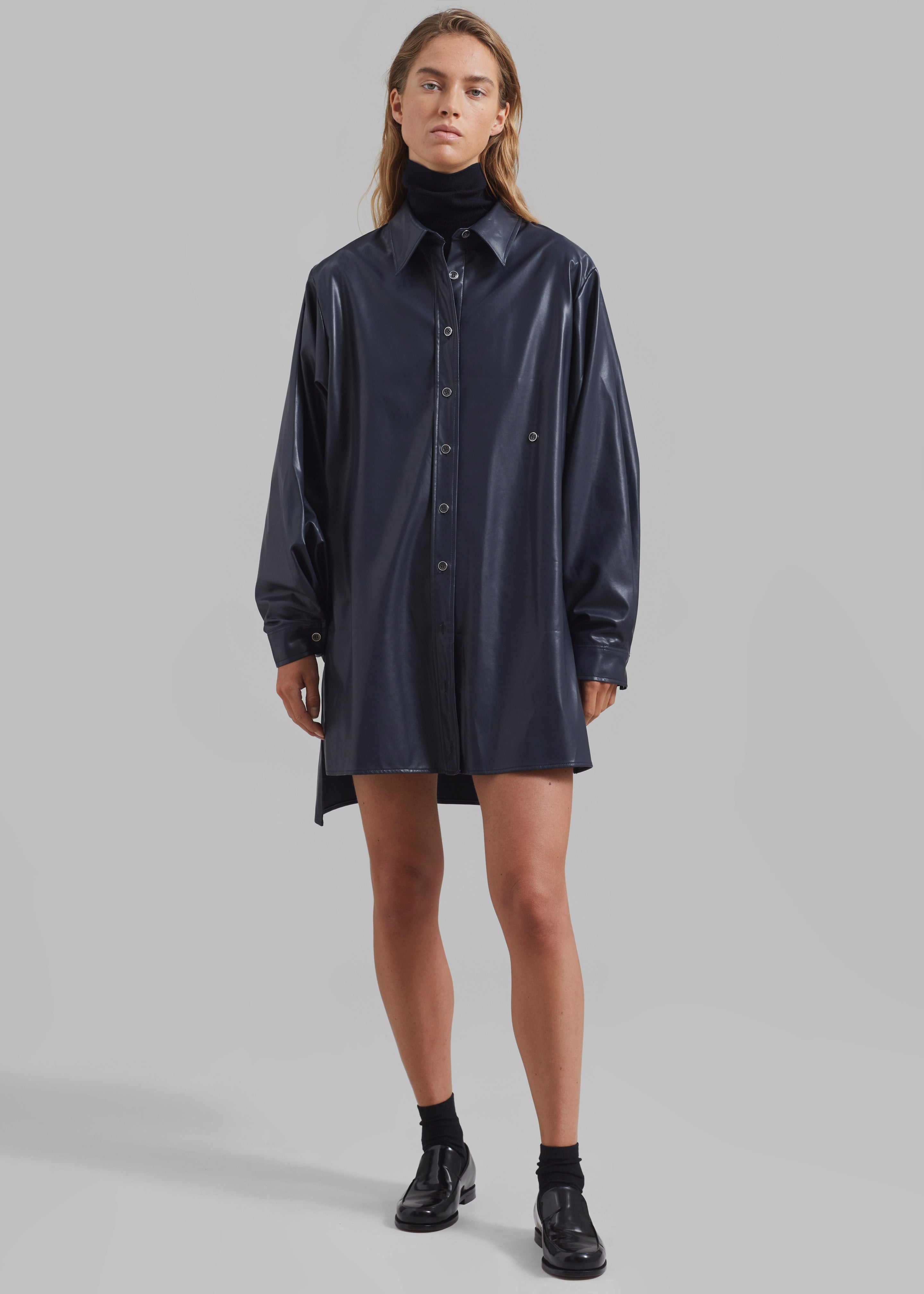 Luke Faux Leather Button Up Shirt - Navy - 2