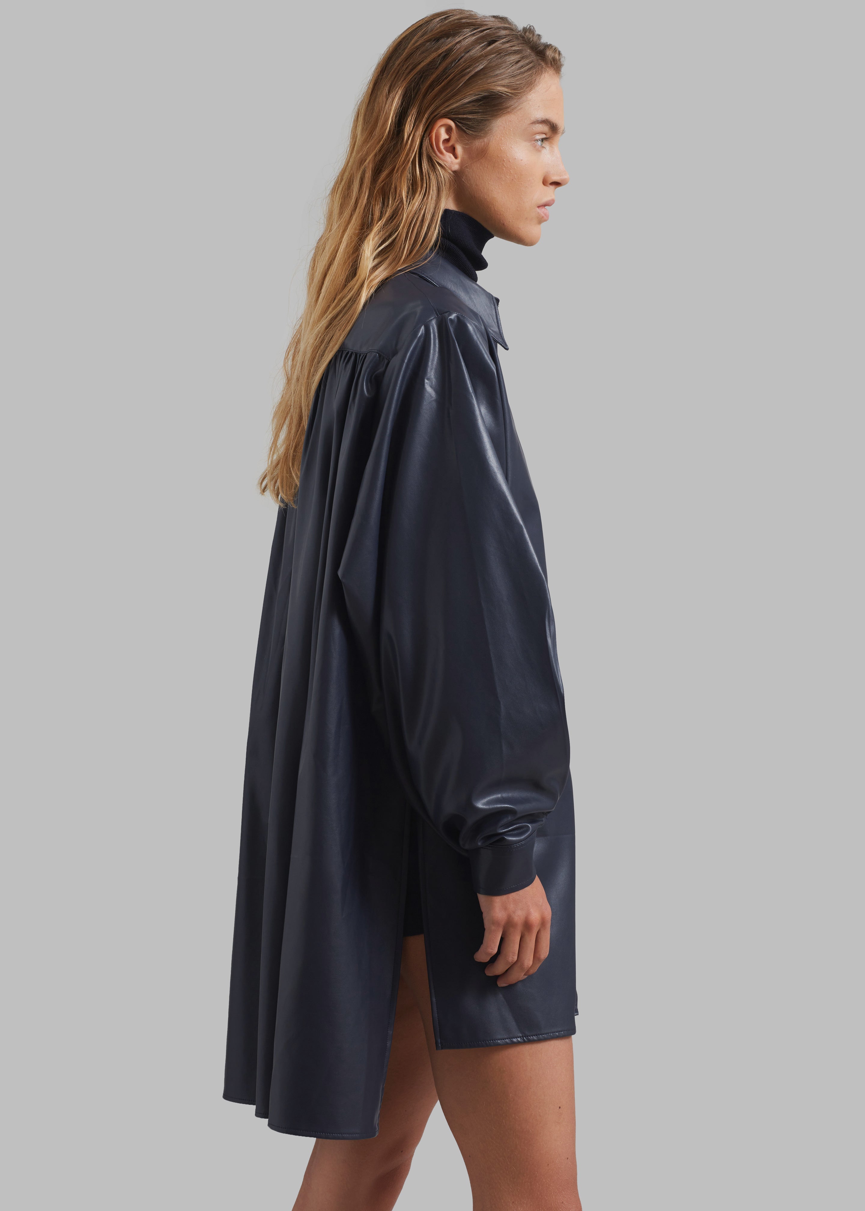 Luke Faux Leather Button Up Shirt - Navy - 5