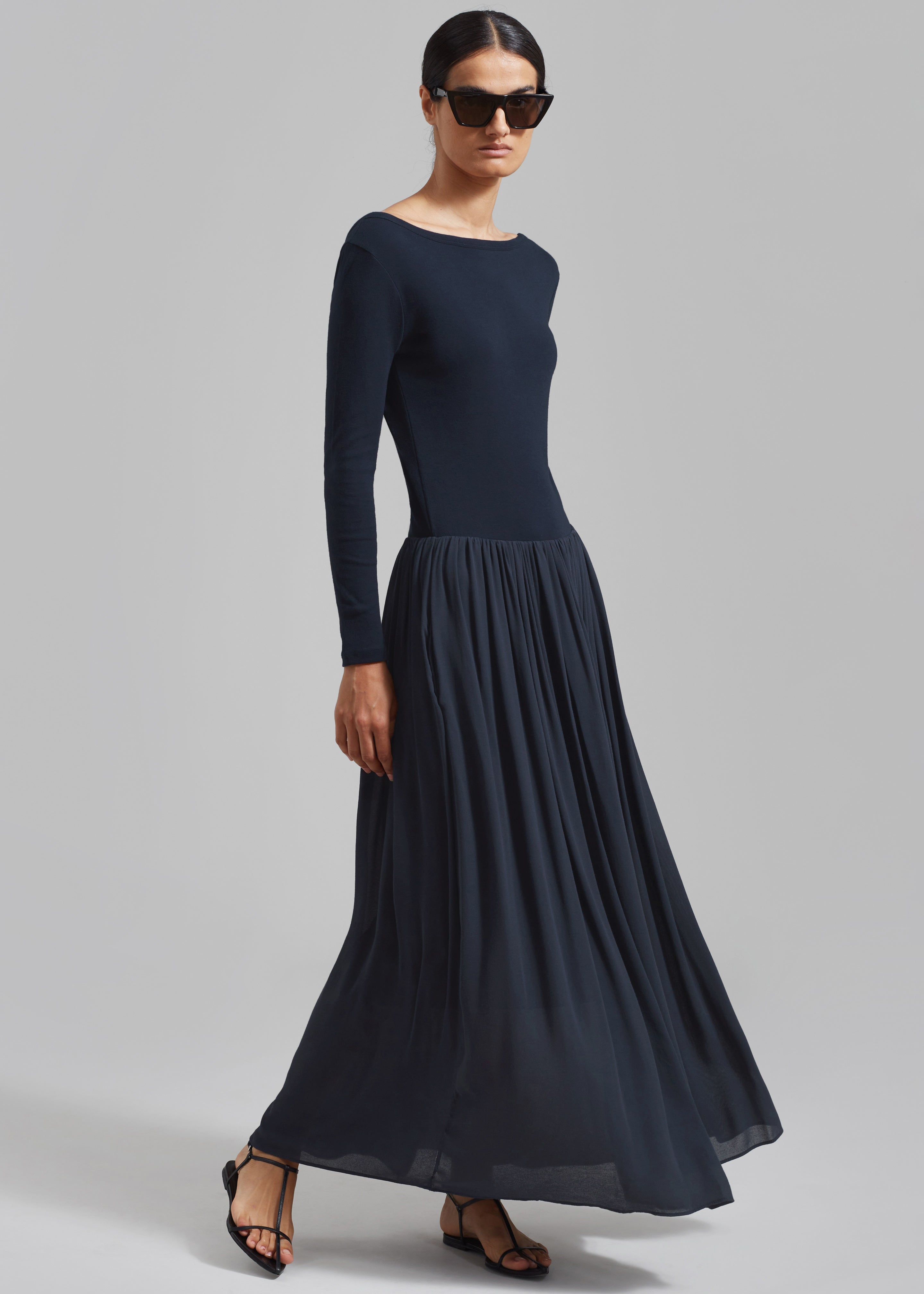 Odette Gathered Skirt Maxi Dress - Navy - 3