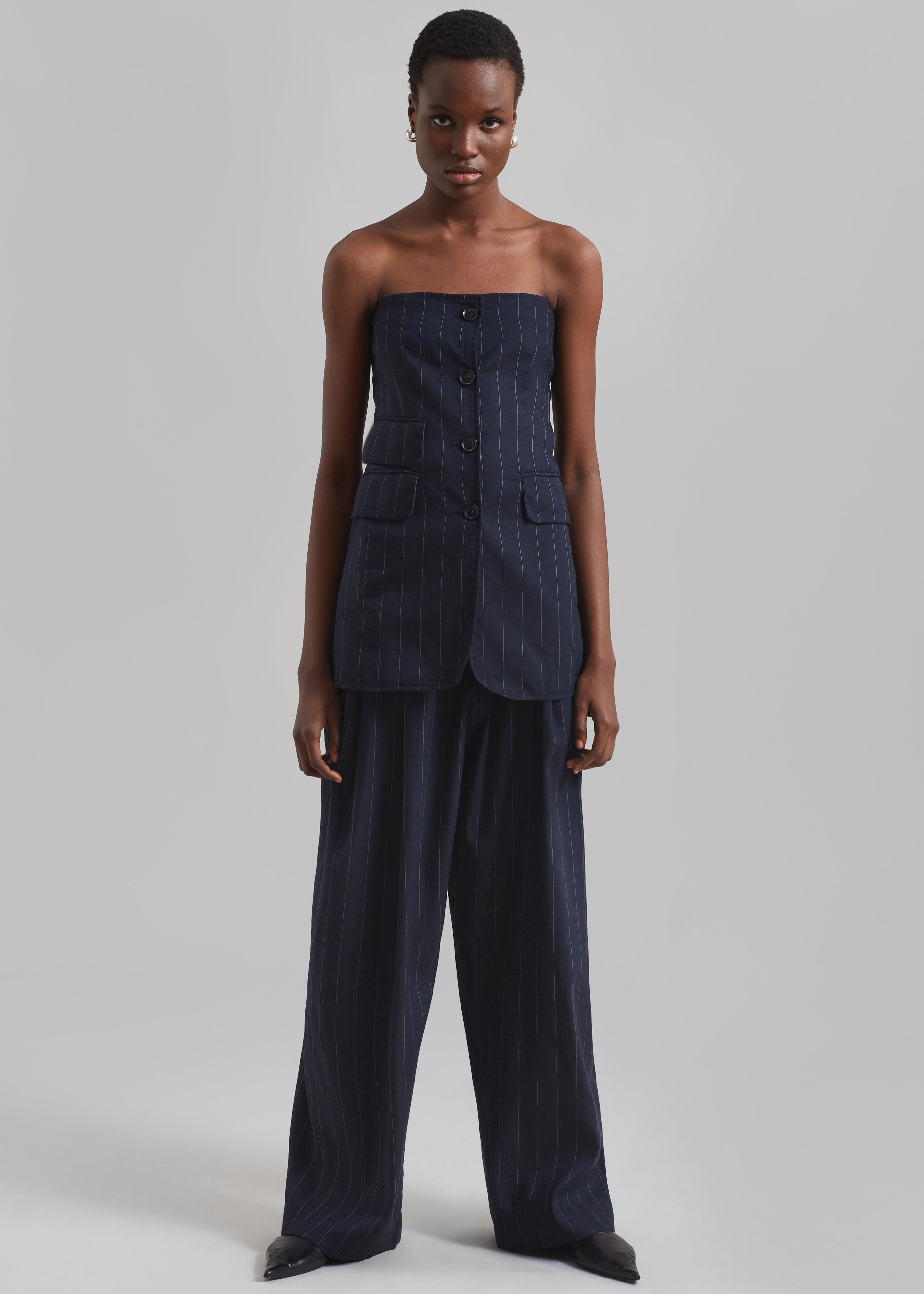 Piper Pleated Trousers - Navy/Beige Pinstripe - 6