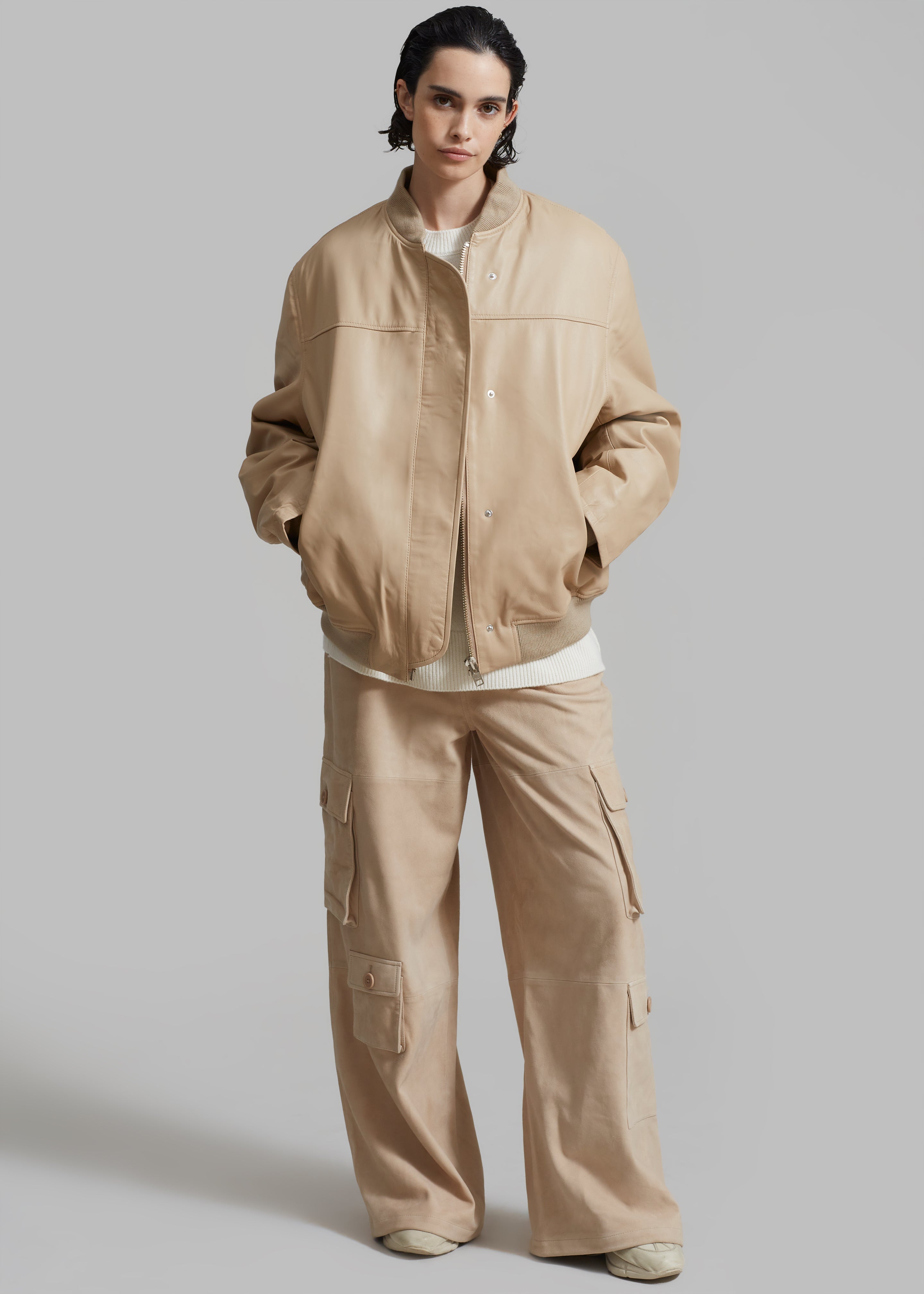 REMAIN Leather Bomber Jacket - Incense Beige - 5