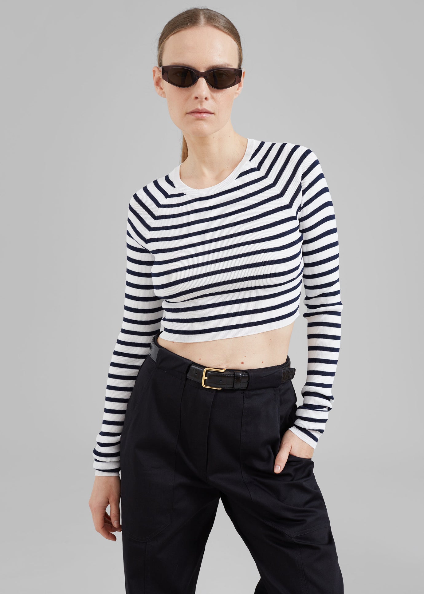 REMAIN Striped Knit Cropped Top - White Print
