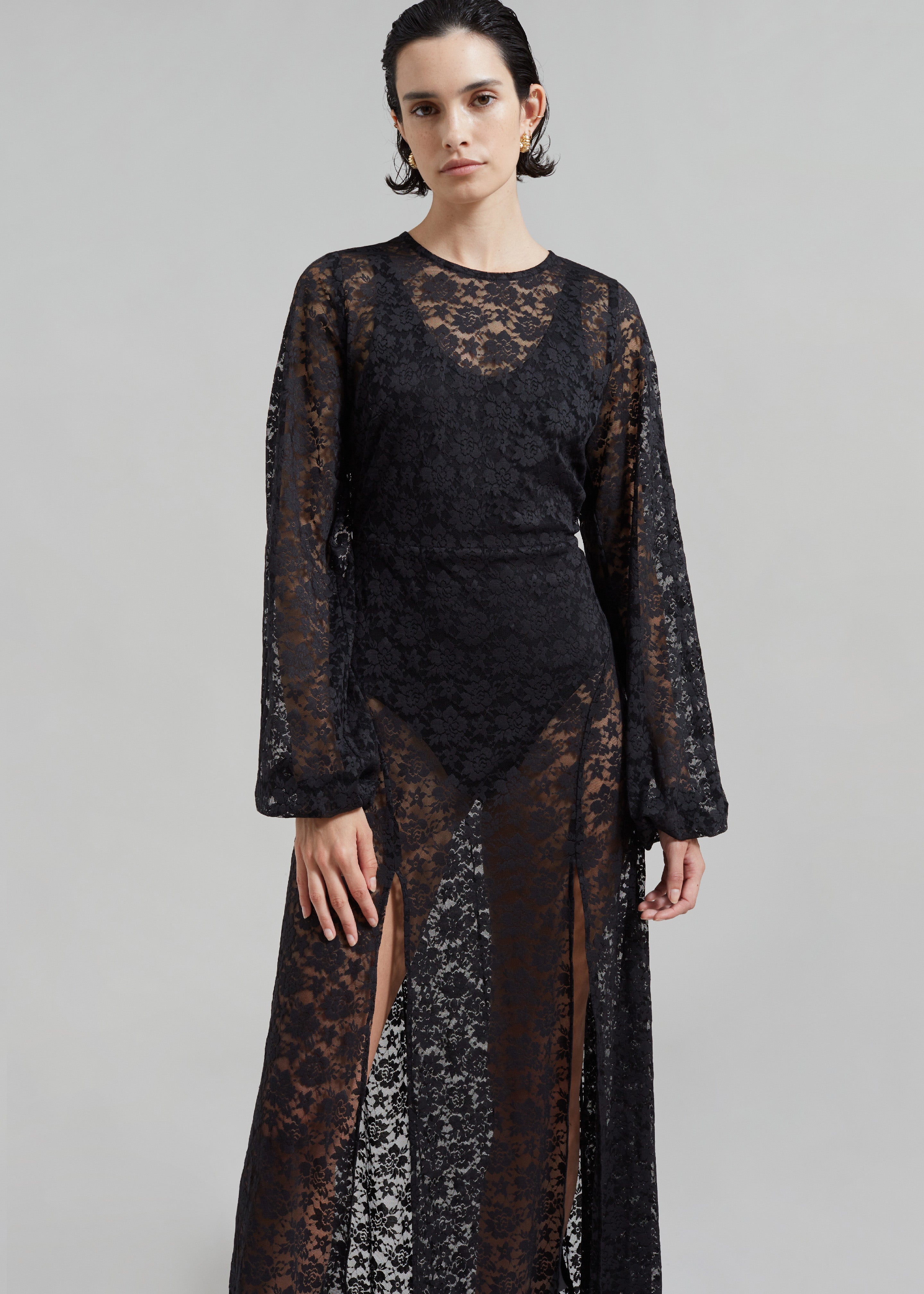 ROTATE Lace Maxi Slit Dress - Black - 4