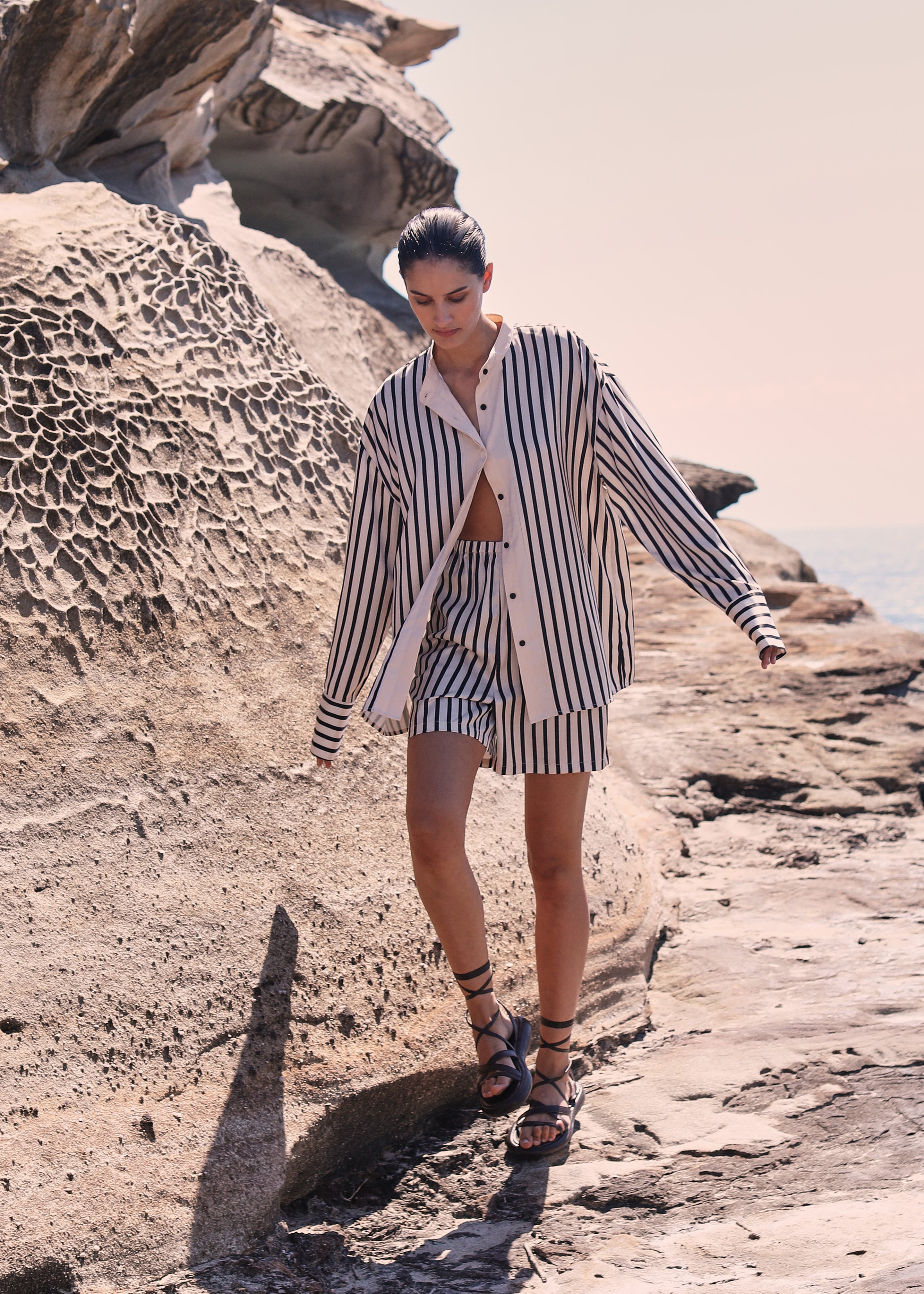 Solaqua Silk Shorts - Ecru with Black Stripes - 5