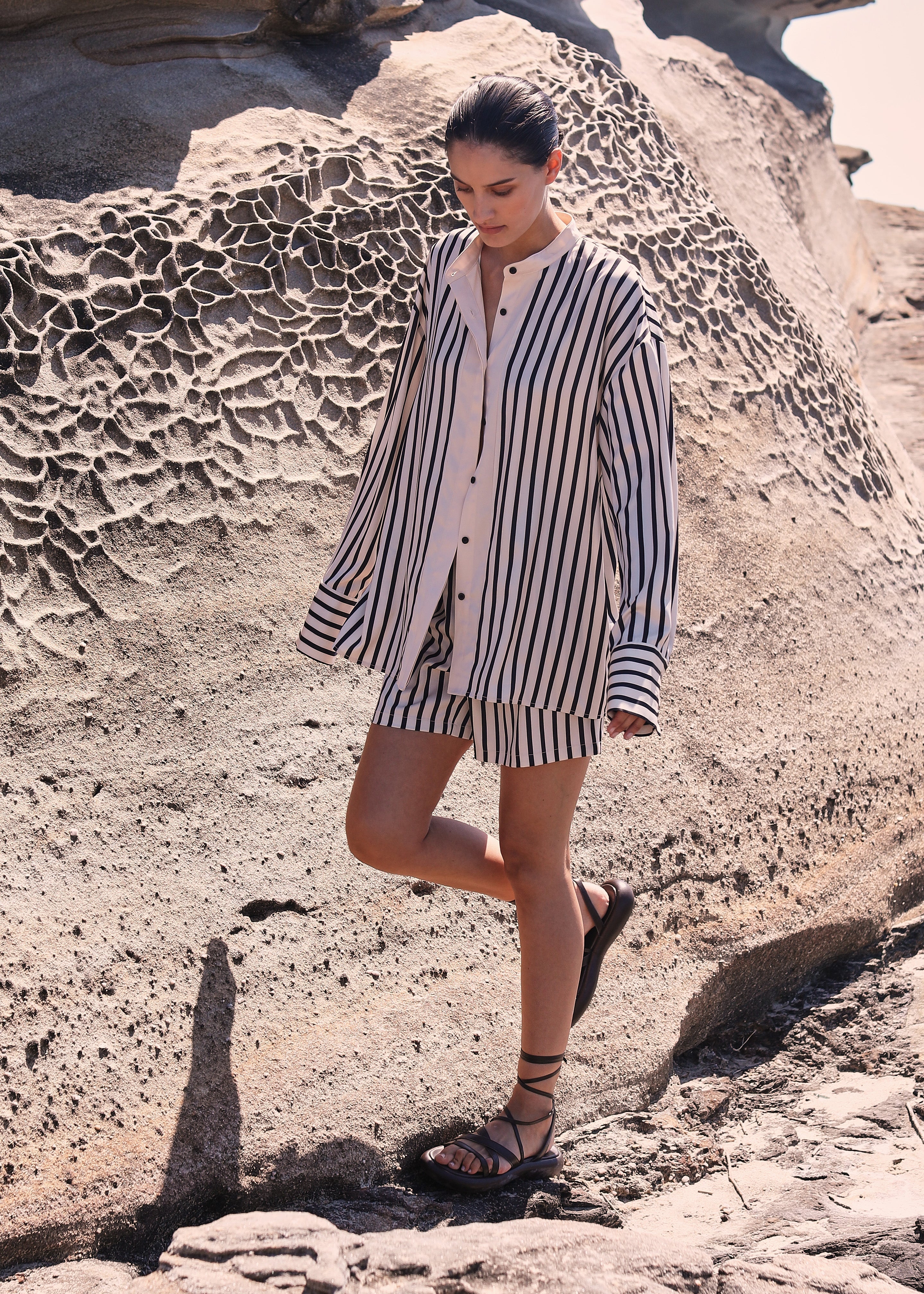 Solaqua Silk Shorts - Ecru with Black Stripes - 6