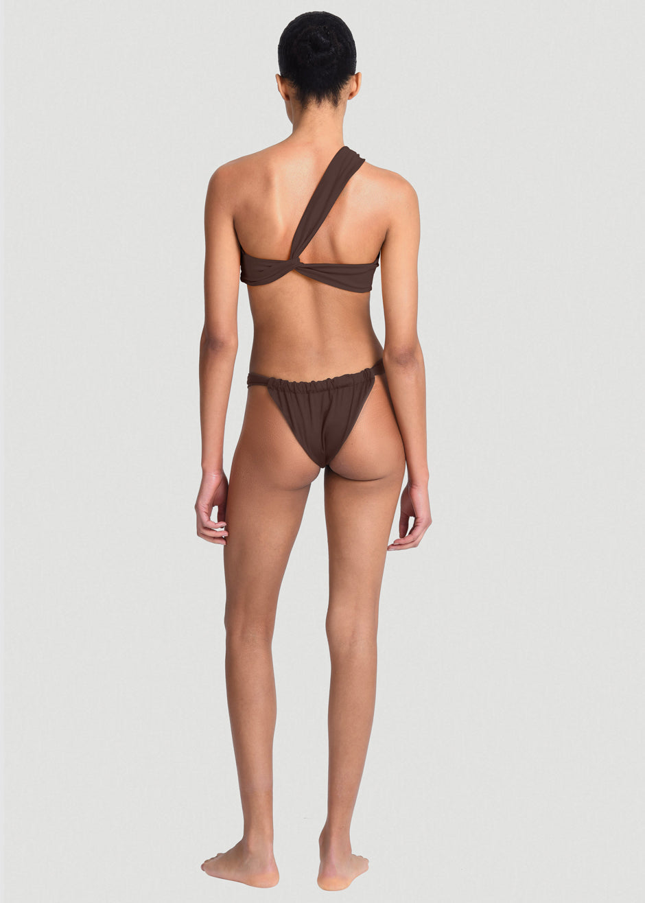 Aexae Ruched One Shoulder Swim Top - Brown - 5