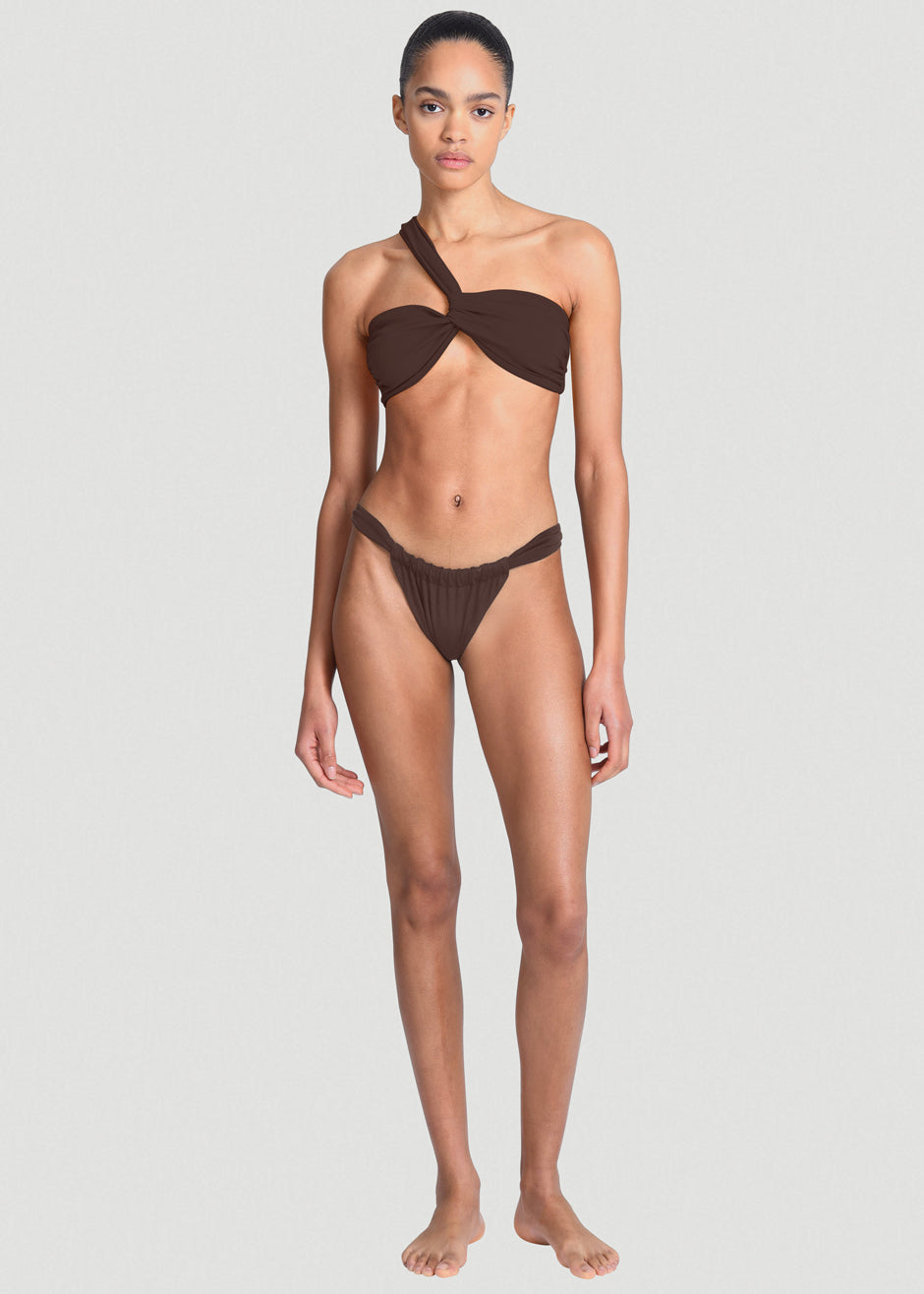 Aexae Ruched One Shoulder Swim Top - Brown - 3