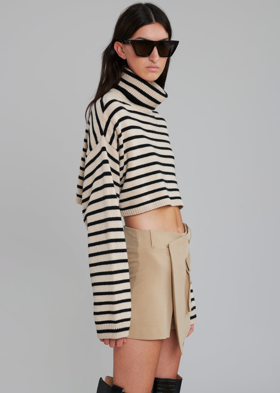 Athina Cropped Turtleneck Sweater - Beige Stripe
