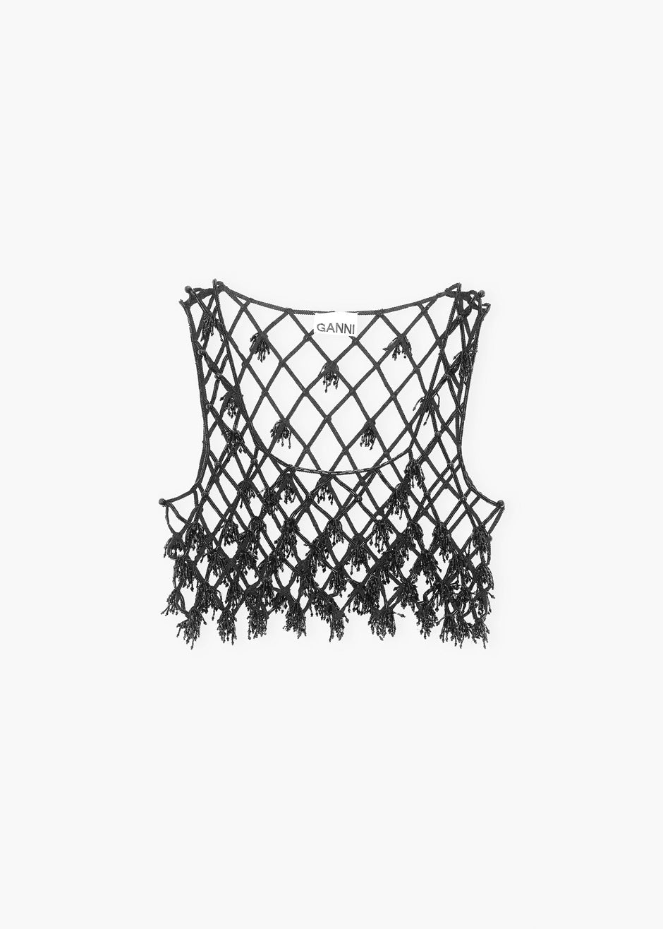 GANNI Beaded Netting Crop Top - Black - 6