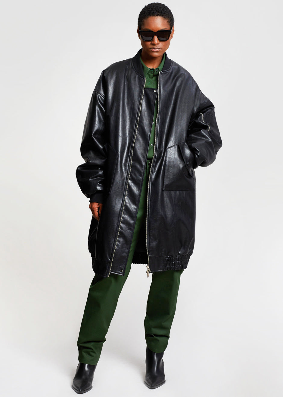 Jesse Long Faux Leather Bomber - Black - 8