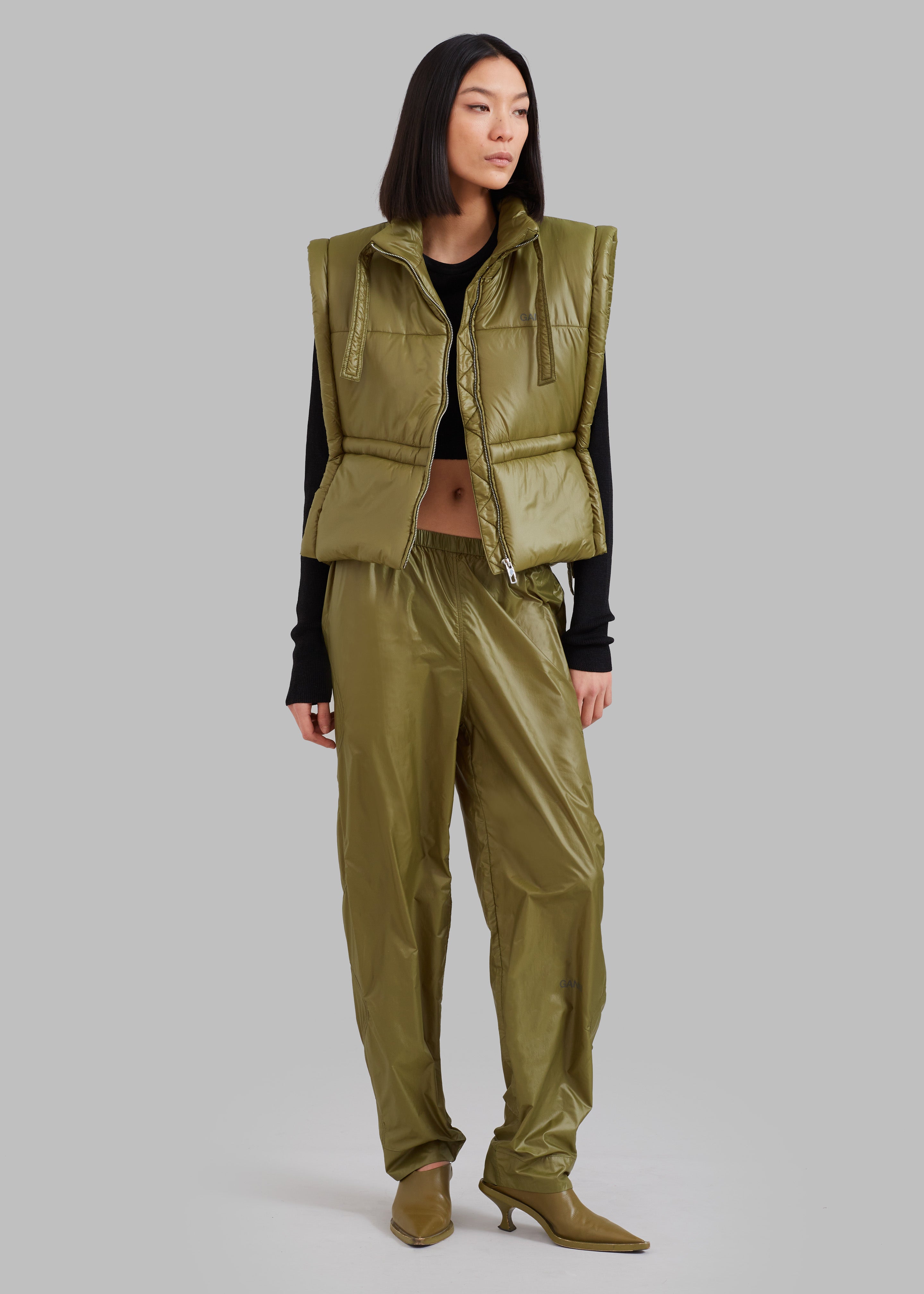 GANNI Shiny Quilt Elasticated Pants - Spaghnum - 5