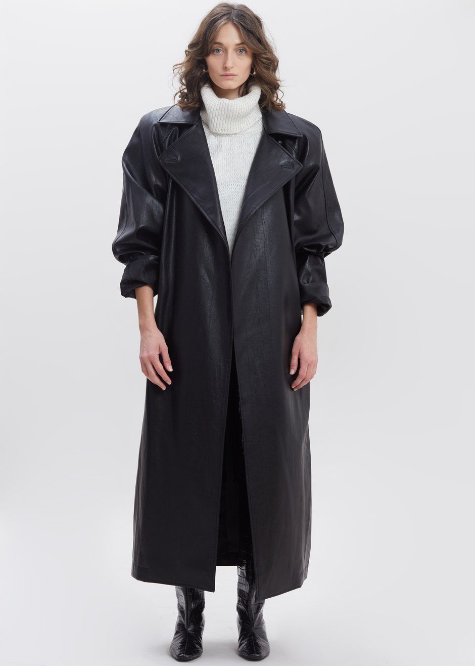 Henna Oversized Faux Leather Trench - Black - 10