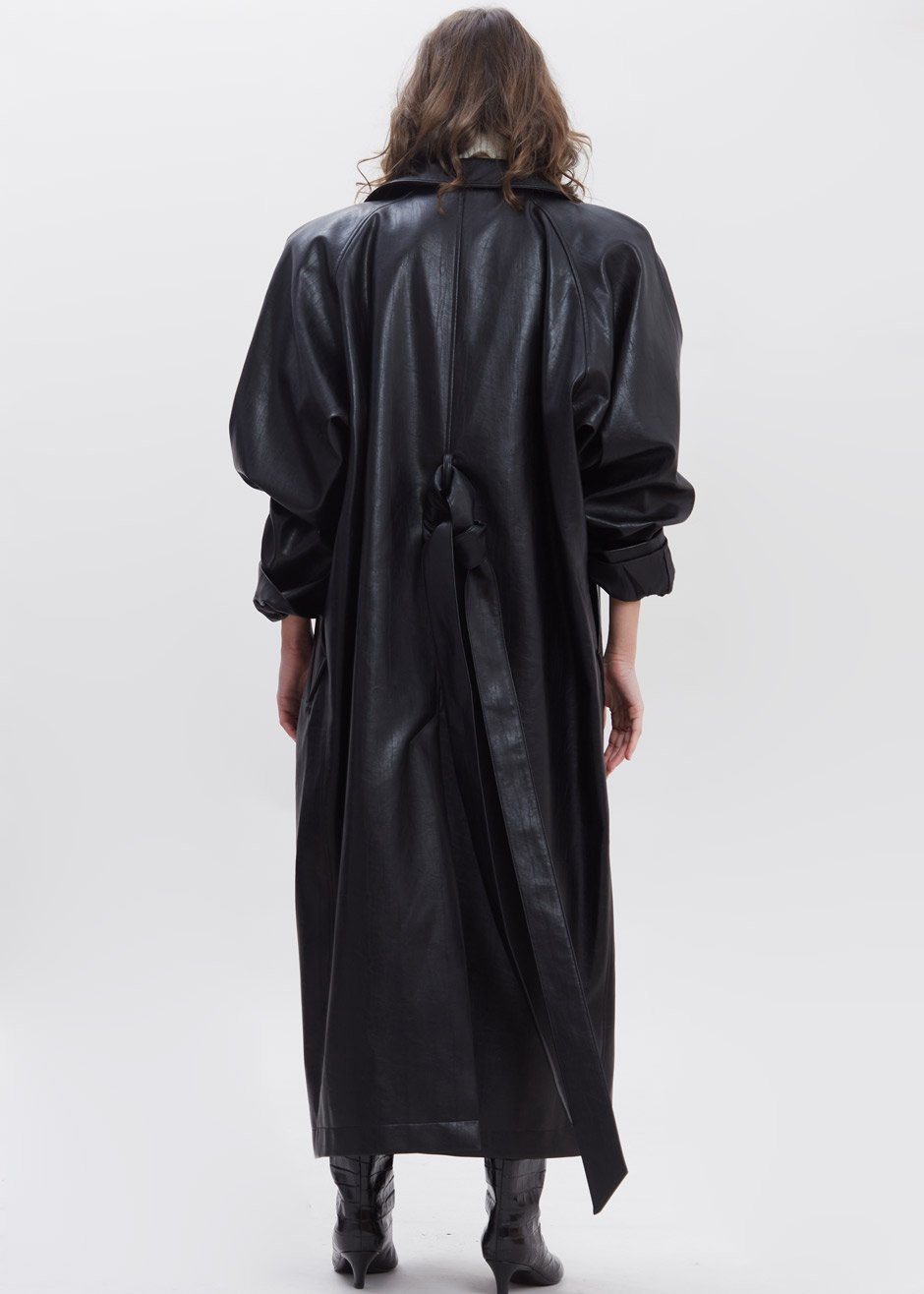 Henna Oversized Faux Leather Trench - Black - 11