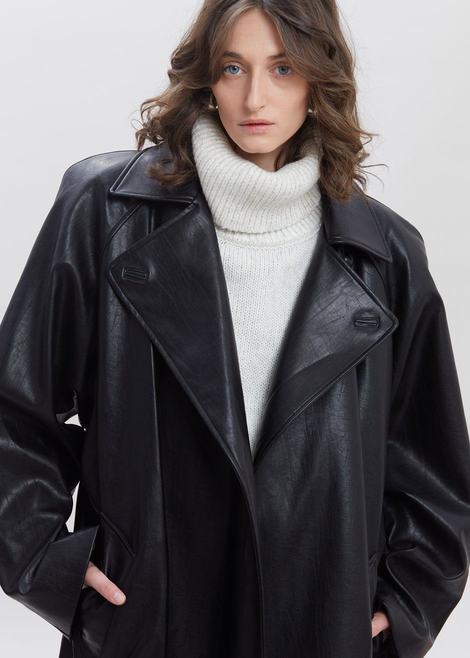 Henna Oversized Faux Leather Trench - Black - 9