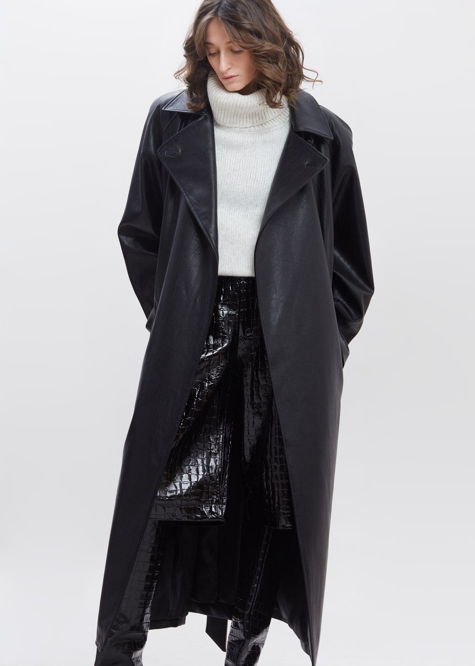 Henna Oversized Faux Leather Trench - Black - 6