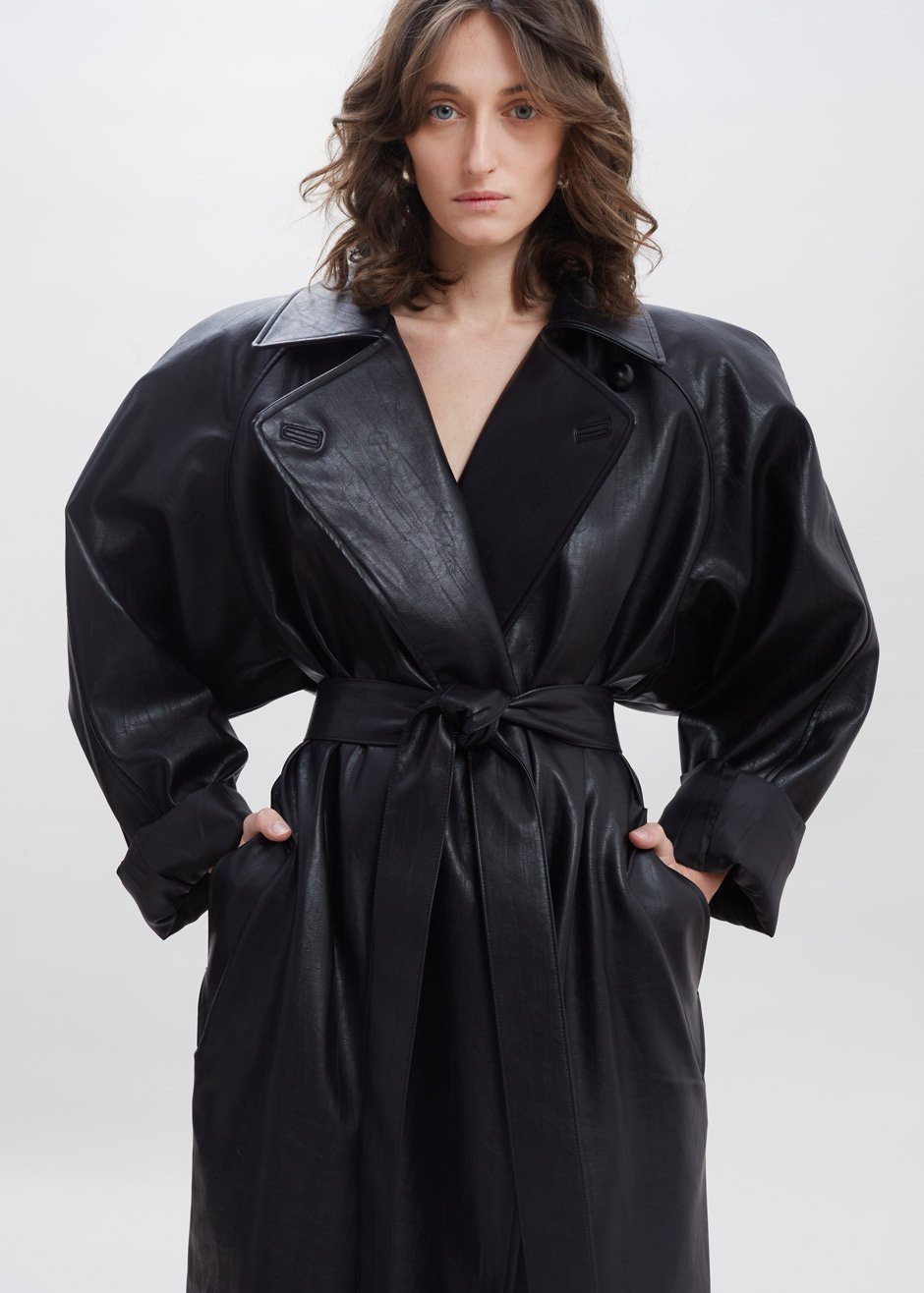 Henna Oversized Faux Leather Trench - Black - 7
