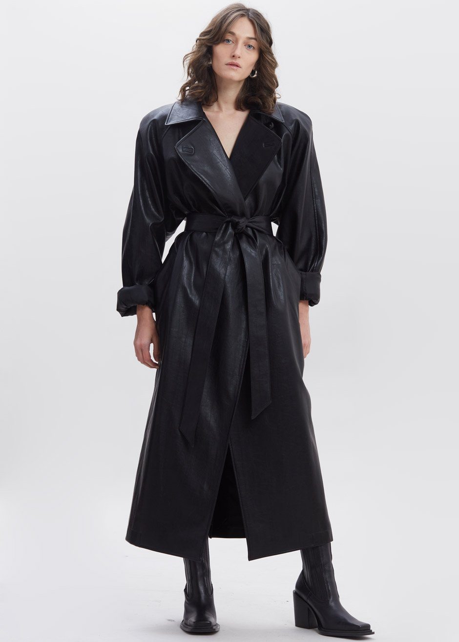 Henna Oversized Faux Leather Trench - Black - 4