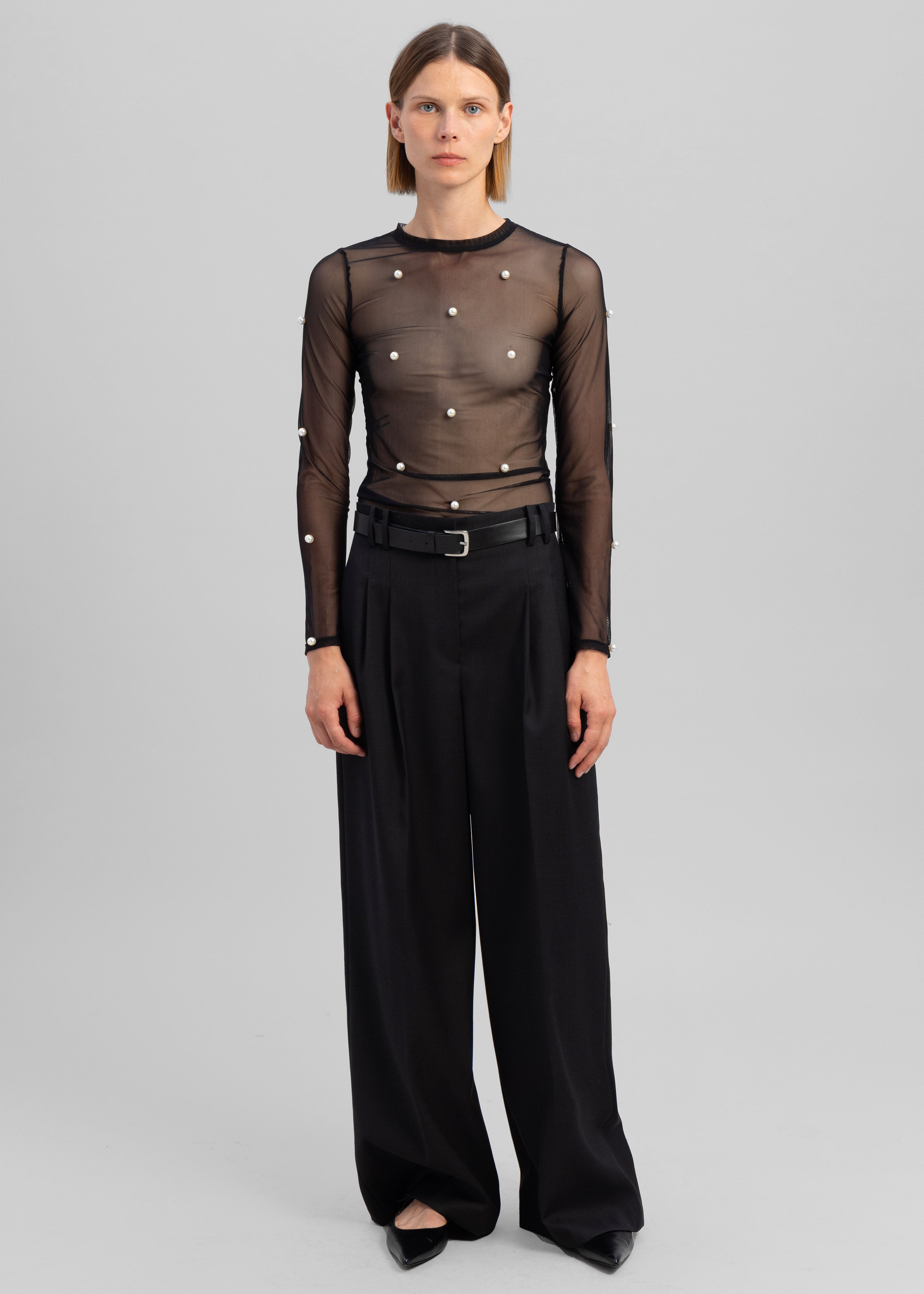 Sid Neigum Stretch Mesh Pearl Embellished Top - Black - 6