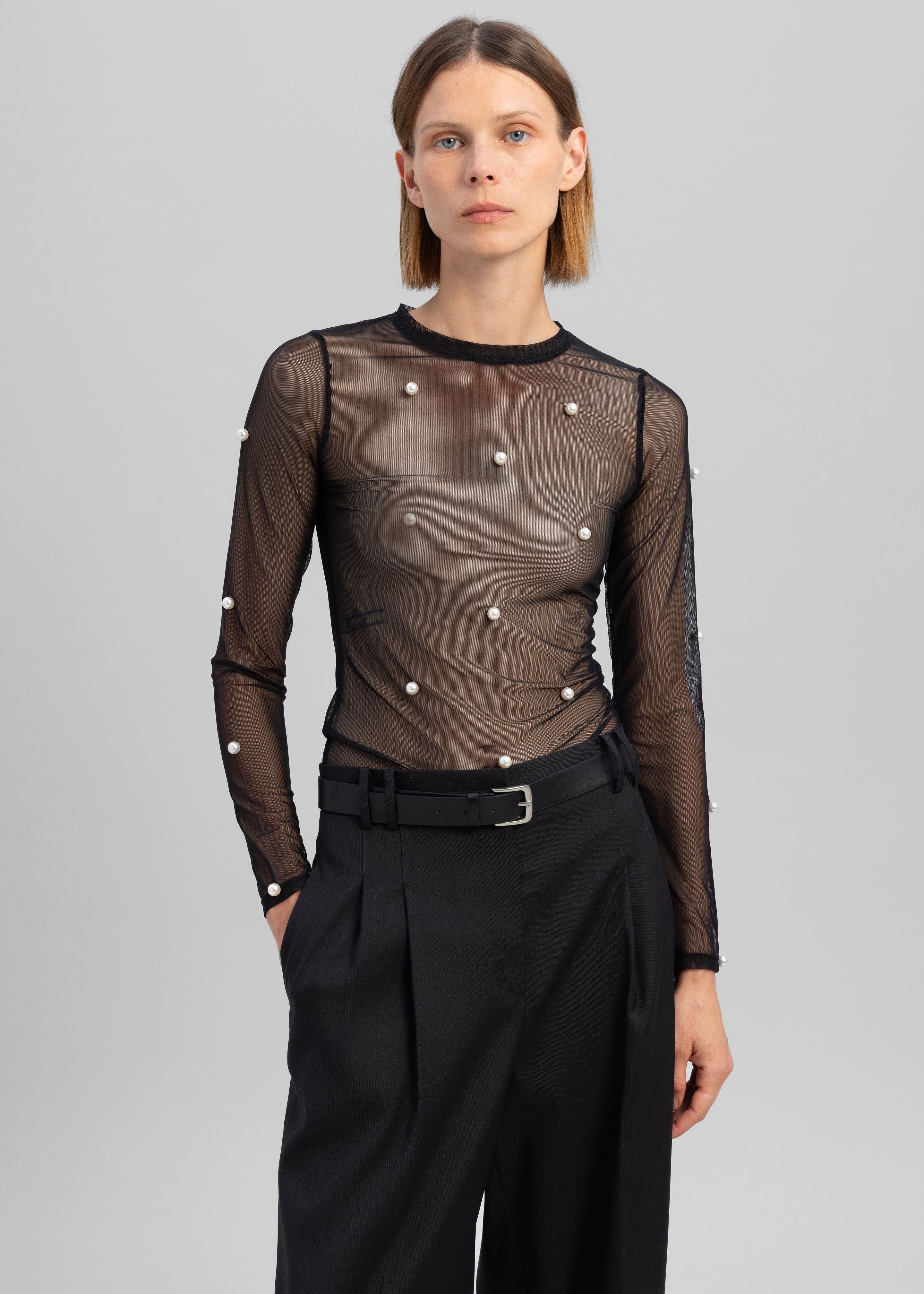 Sid Neigum Stretch Mesh Pearl Embellished Top - Black - 2