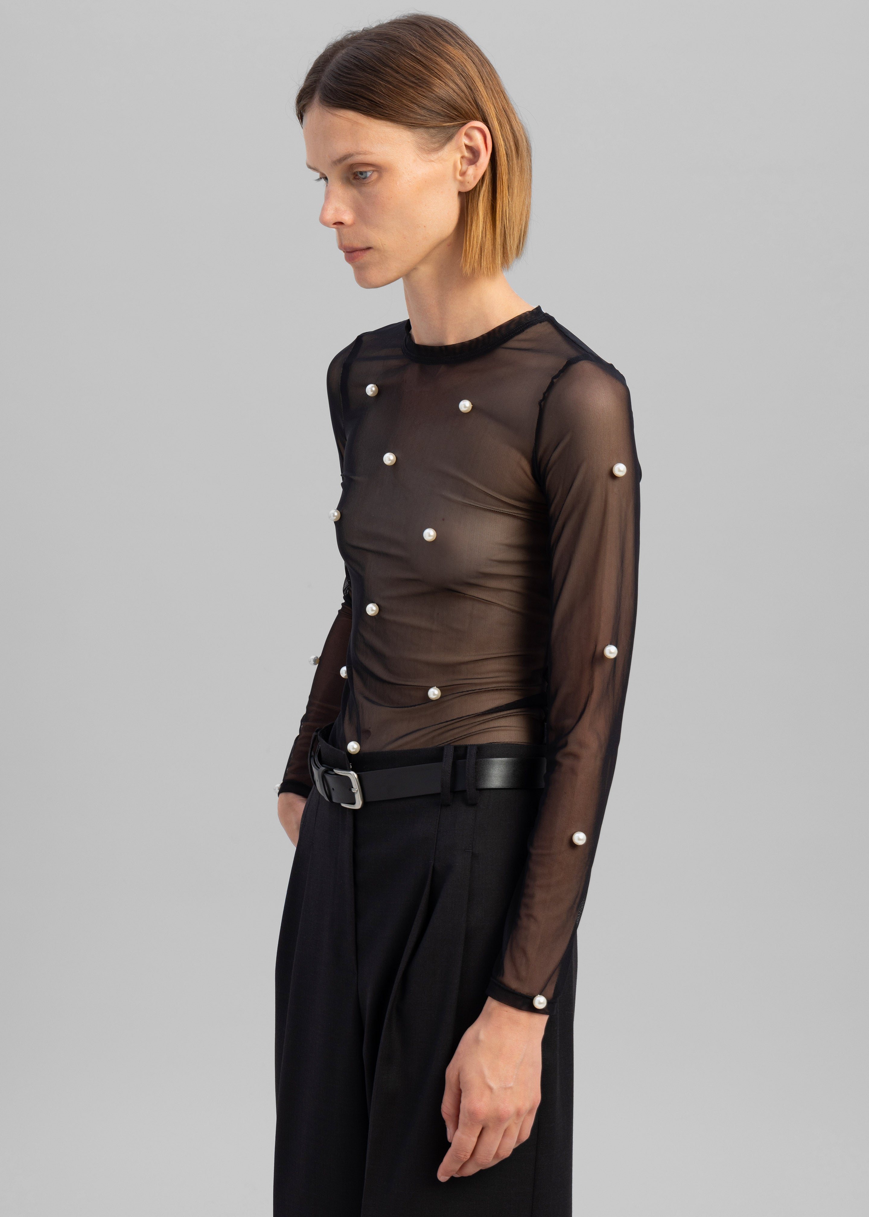Sid Neigum Stretch Mesh Pearl Embellished Top - Black - 5