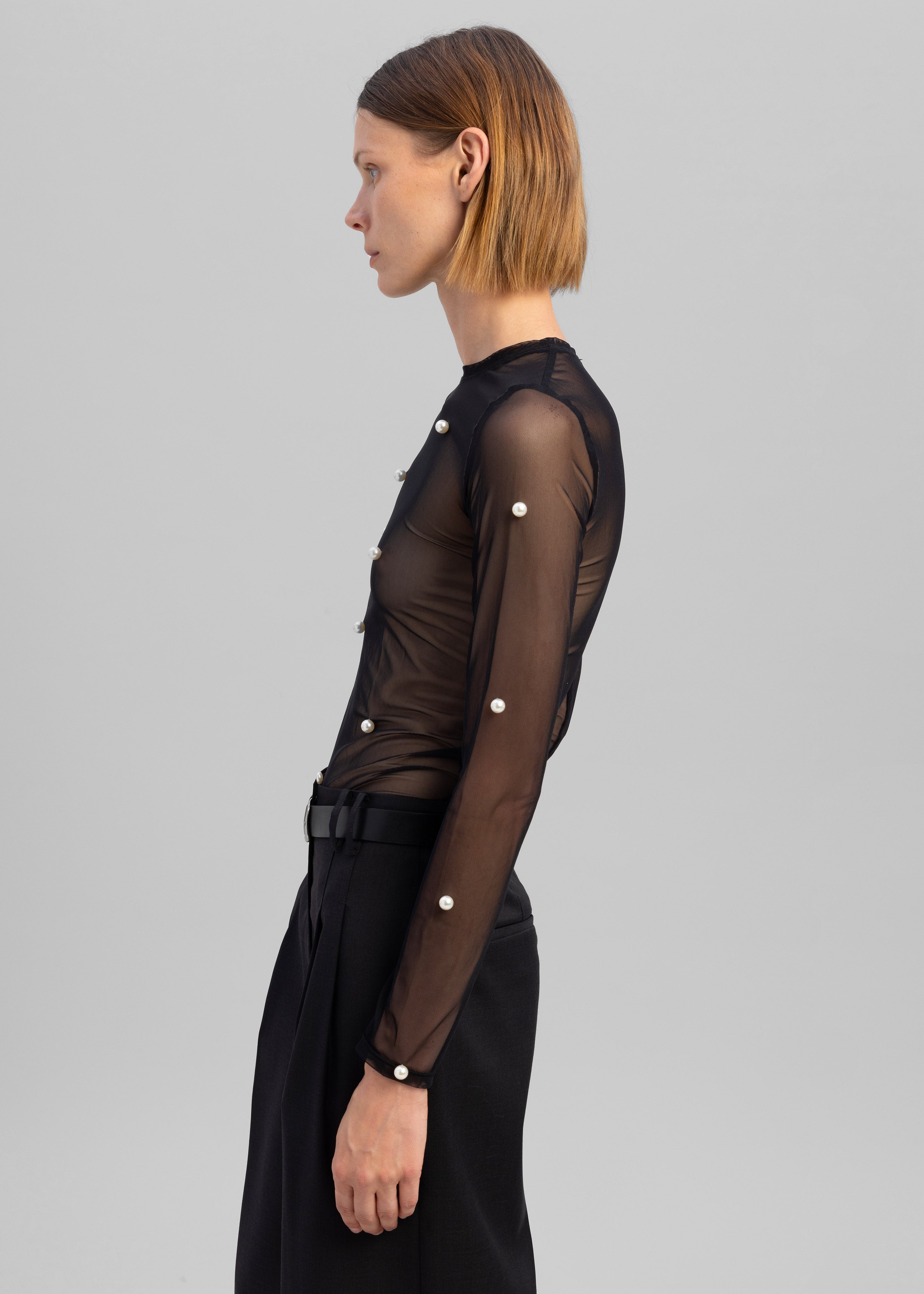 Sid Neigum Stretch Mesh Pearl Embellished Top - Black - 4