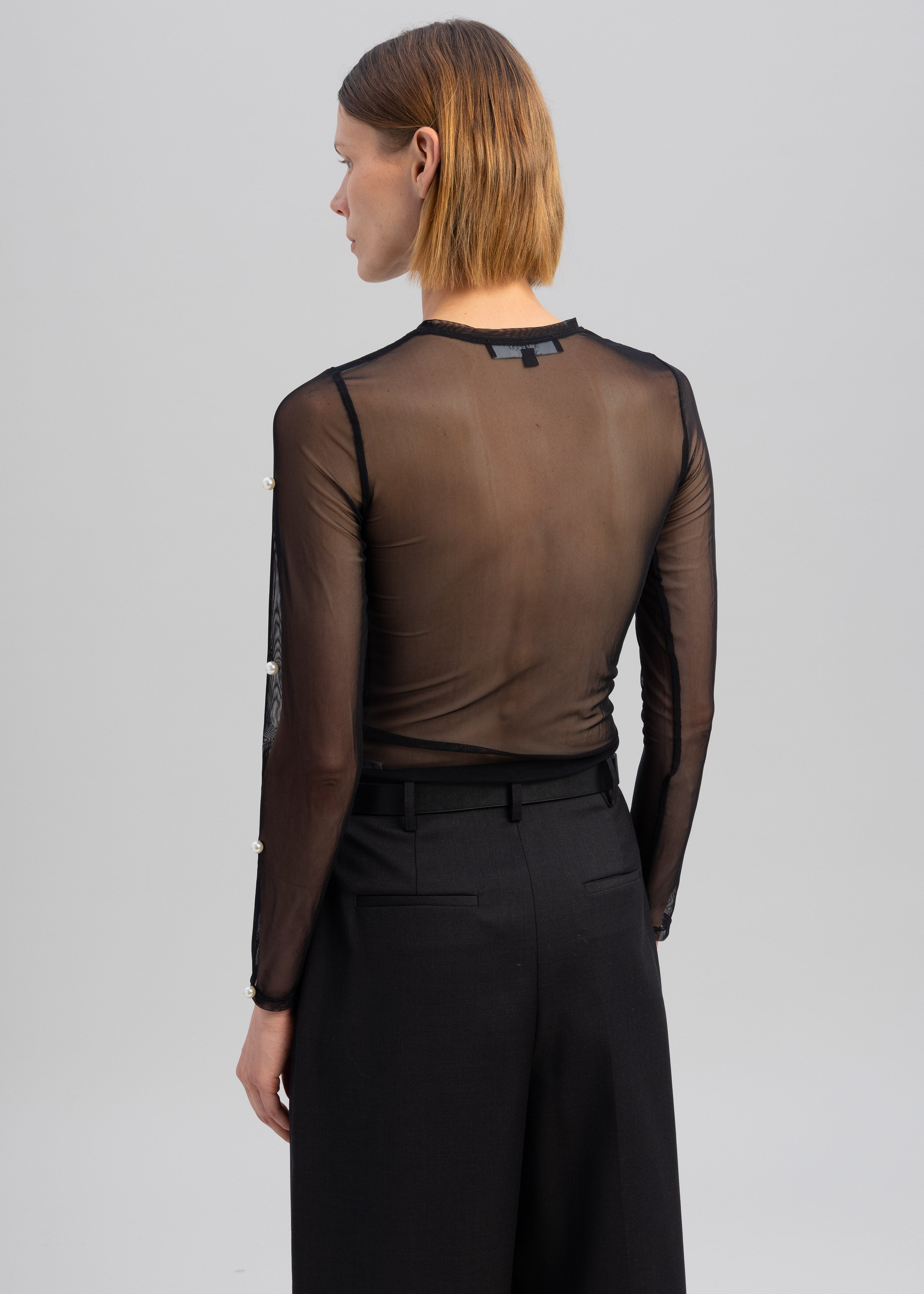 Sid Neigum Stretch Mesh Pearl Embellished Top - Black - 7