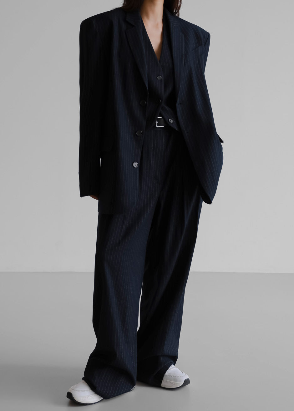 Tansy Pleated Trousers - Navy Pinstripe - 4