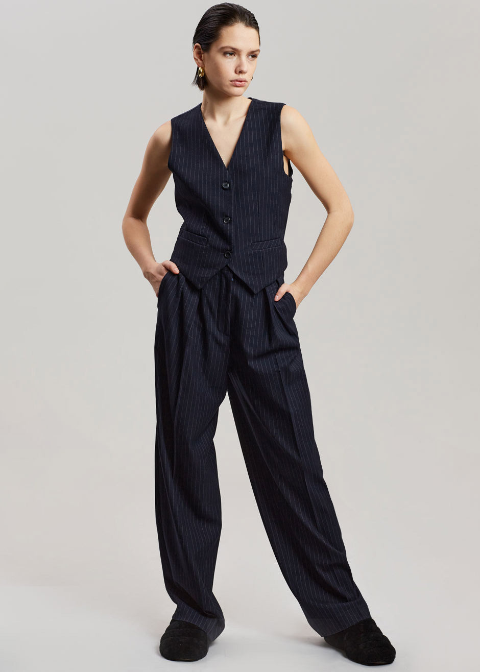 Tansy Pleated Trousers - Navy Pinstripe - 8