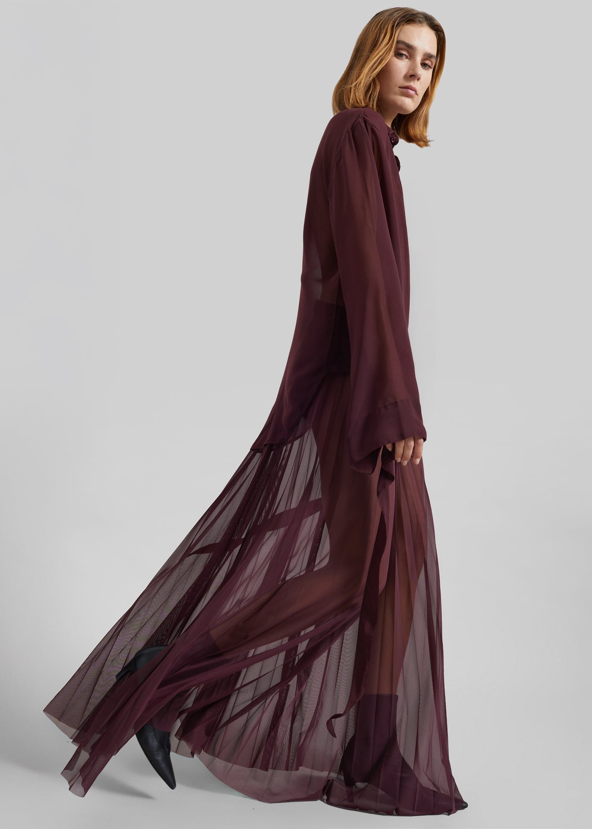 Vallen Pleated Mesh Maxi Skirt - Burgundy - 7