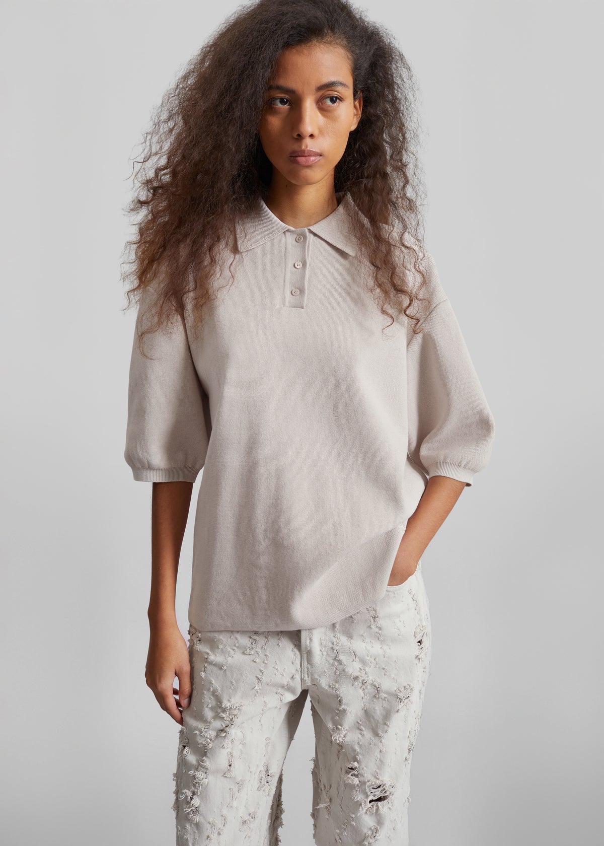 Nola Knit Polo Top - Slate Grey - 1