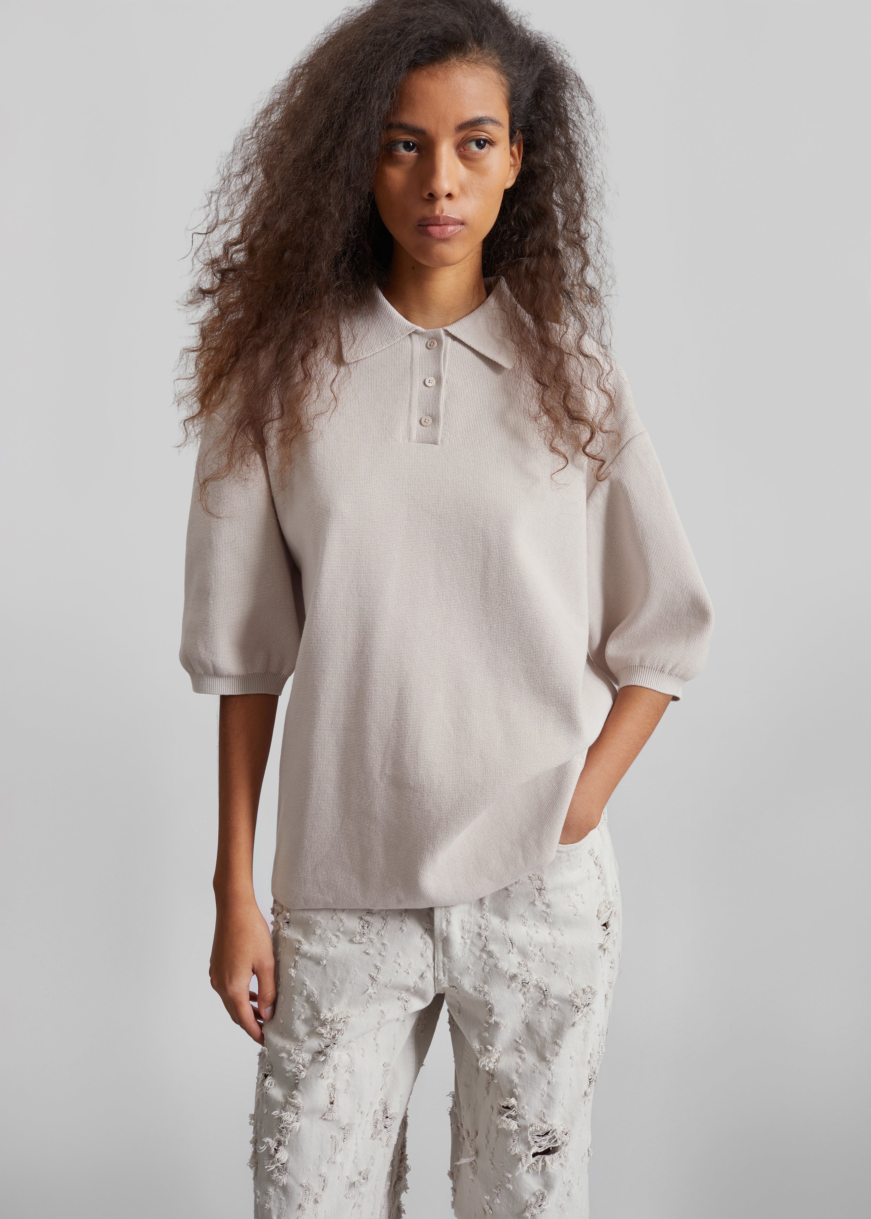 Nola Knit Polo Top - Slate Grey - 1