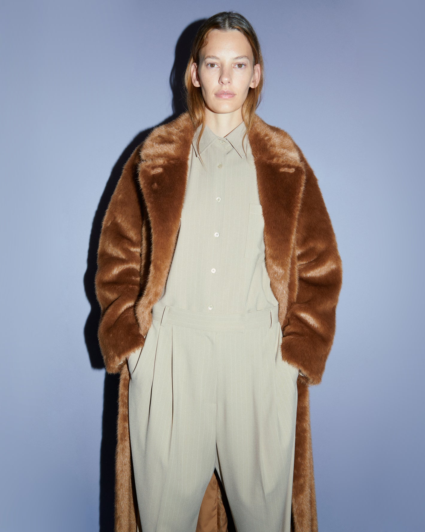 Model Amanda Murphy photographed by Chris Rhodes, styled by Suzanne Koller wearing the Frankie Shop brooke faux fur coat  
