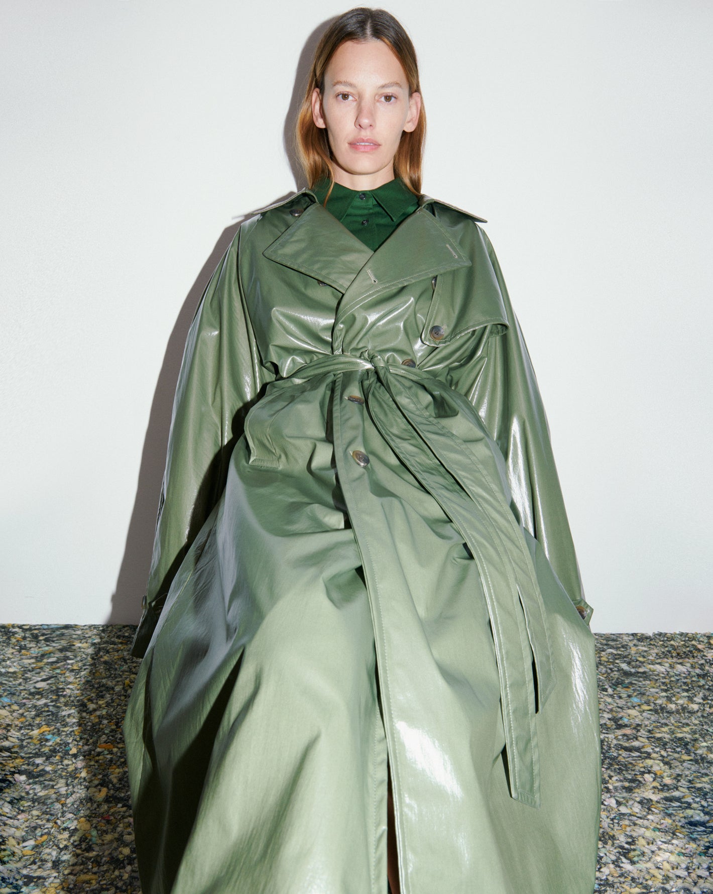 Model Amanda Murphy photographed by Chris Rhodes and styled by Suzanne Koller wearing The Frankie Shop Sue Vinyl trench. 