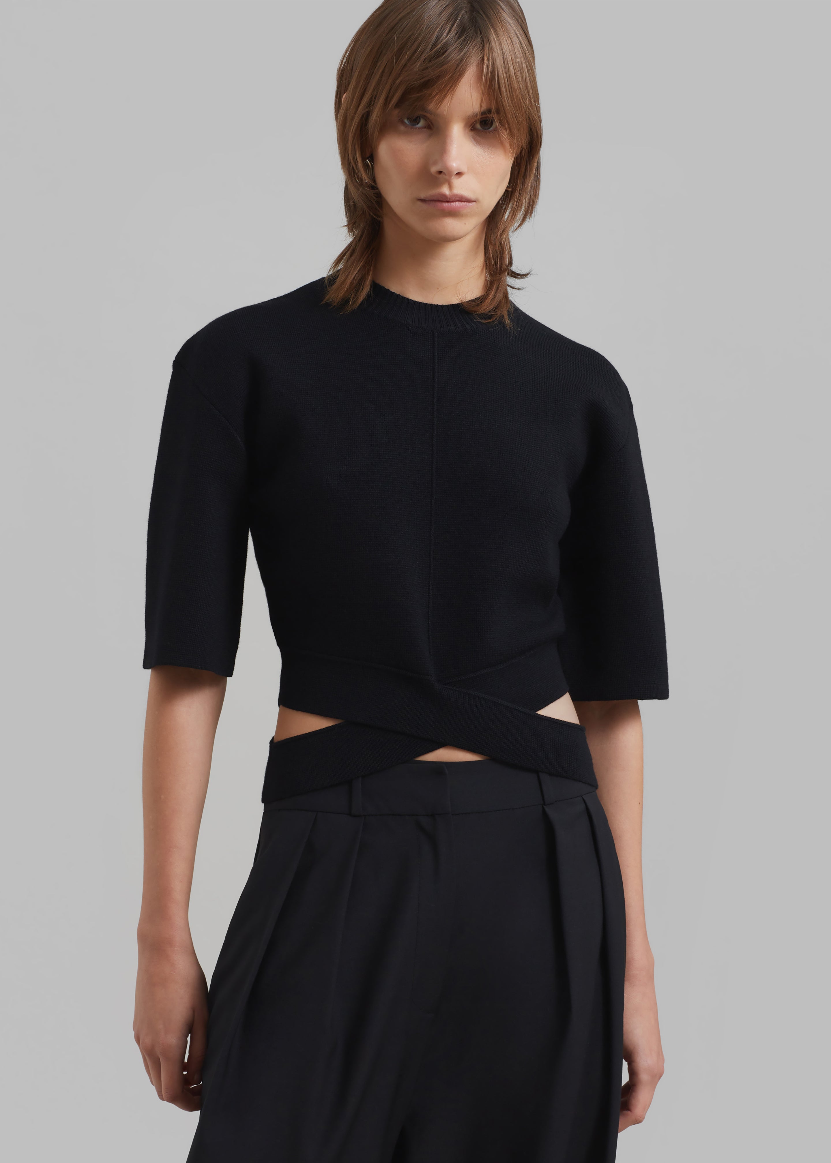 3.1 Phillip Lim Merino Cropped Cross Over Short Sleeve Pullover - Black - 5