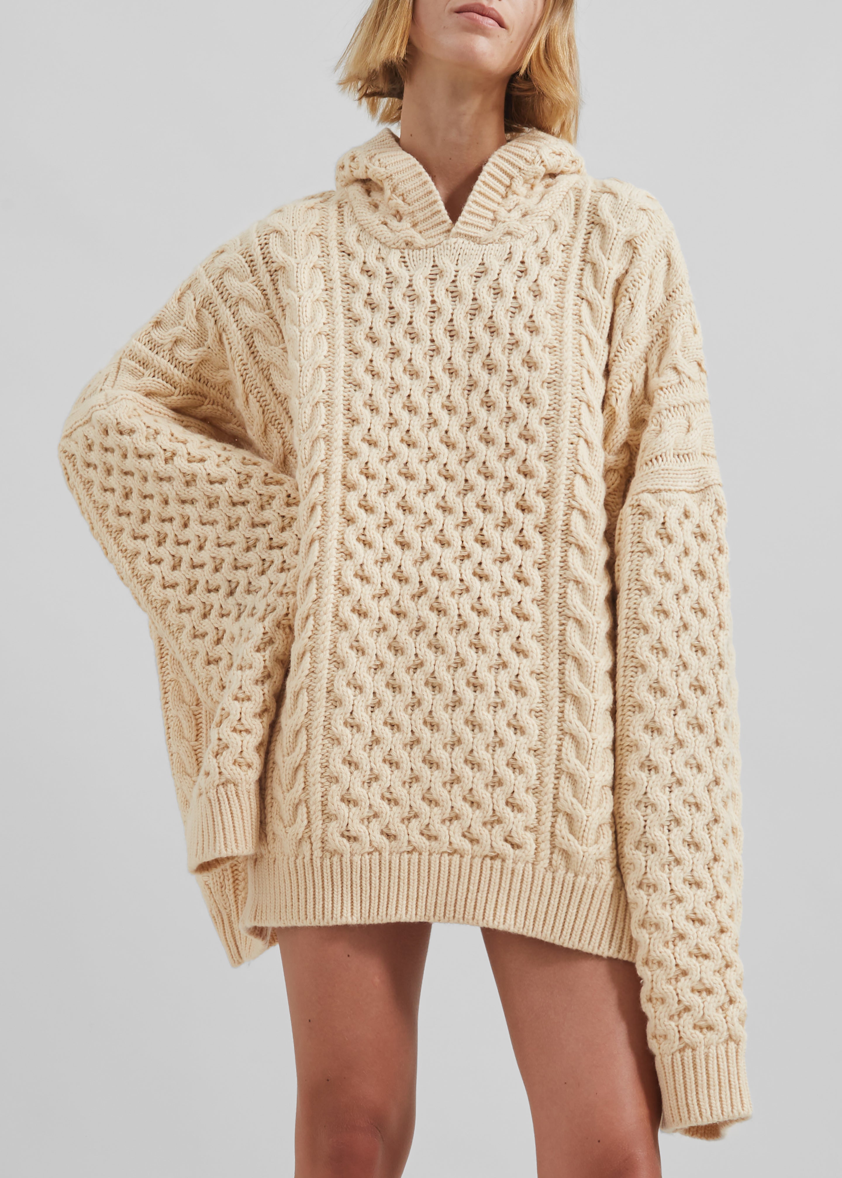 Adare Braided Knit Hoodie - Beige - 3