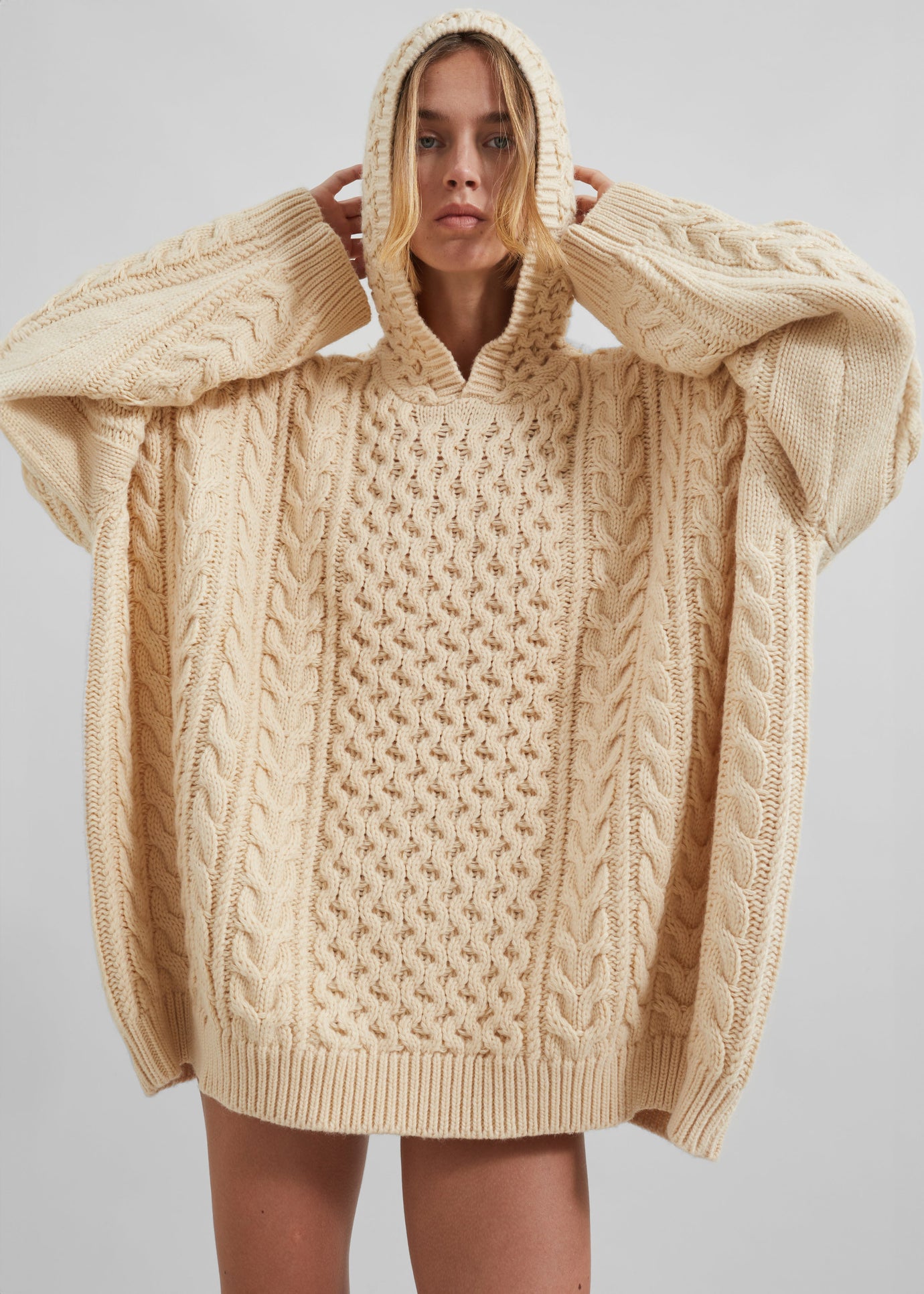 Adare Braided Knit Hoodie - Beige - 1