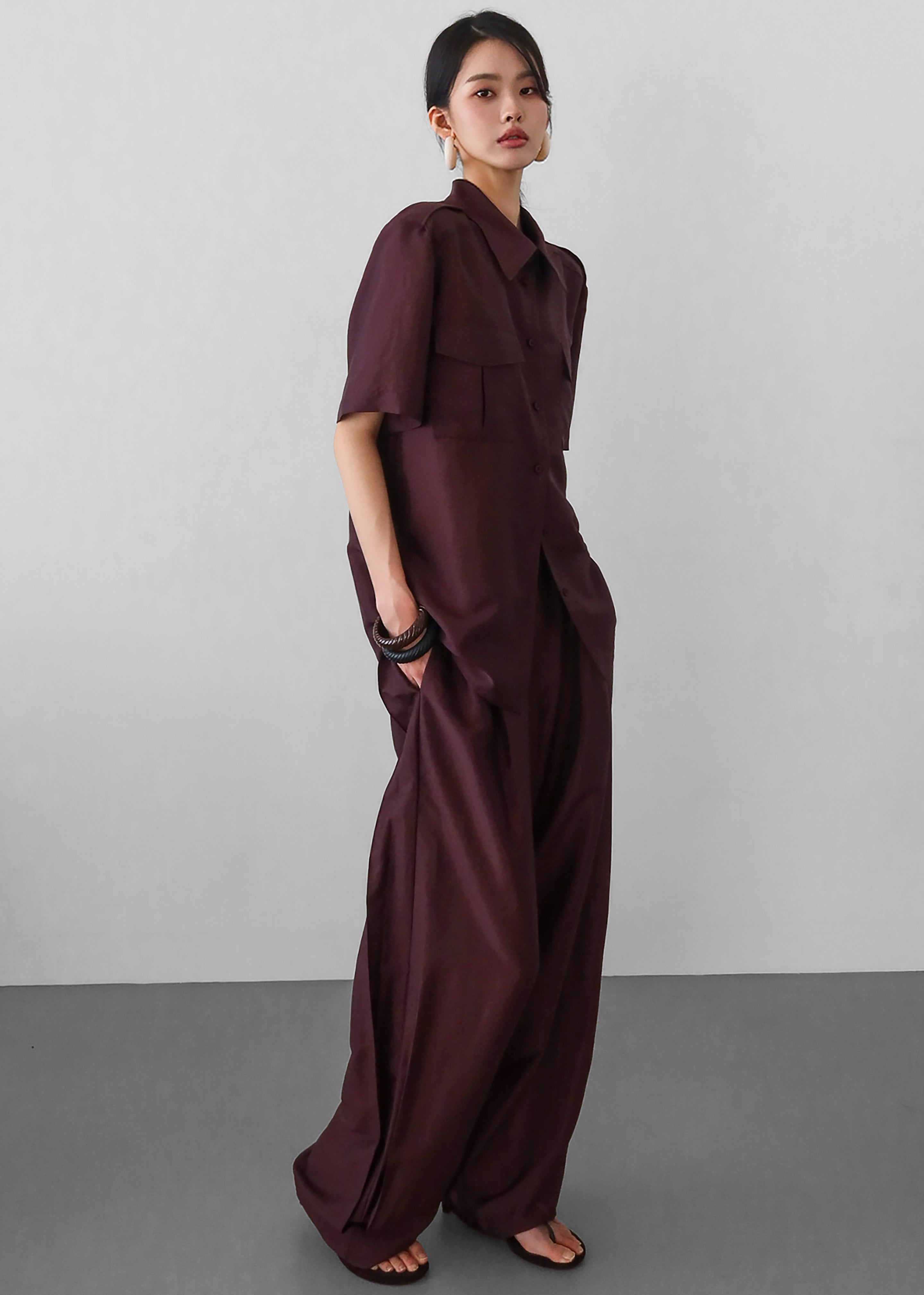 Aduna Satin Pleated Trousers - Burgundy