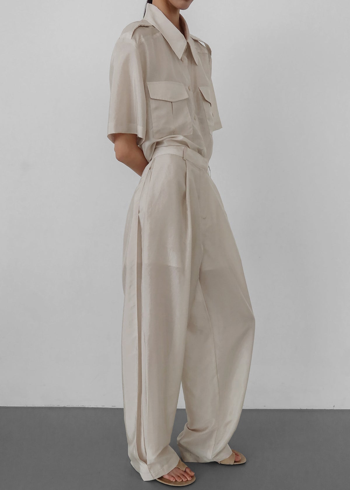 Aduna Satin Pleated Trousers - Light Beige - 1