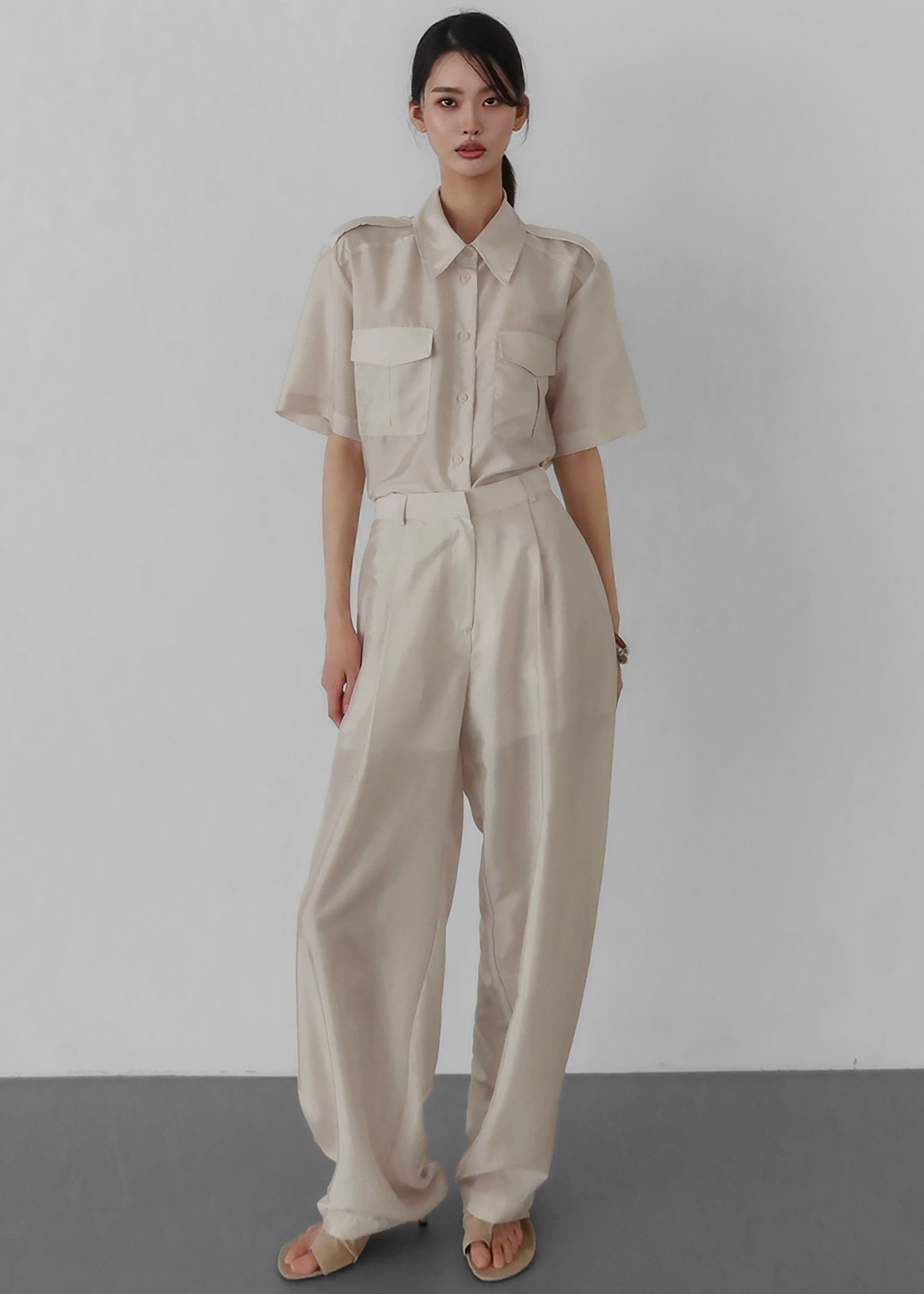 Shop the look image for Aduna Satin Pleated Trousers - Light Beige