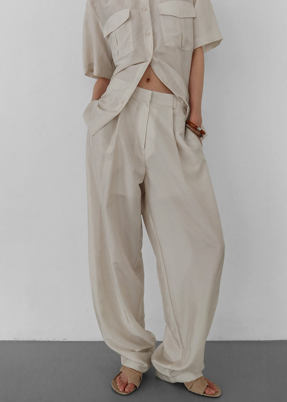 Aduna Satin Pleated Trousers - Light Beige - 1