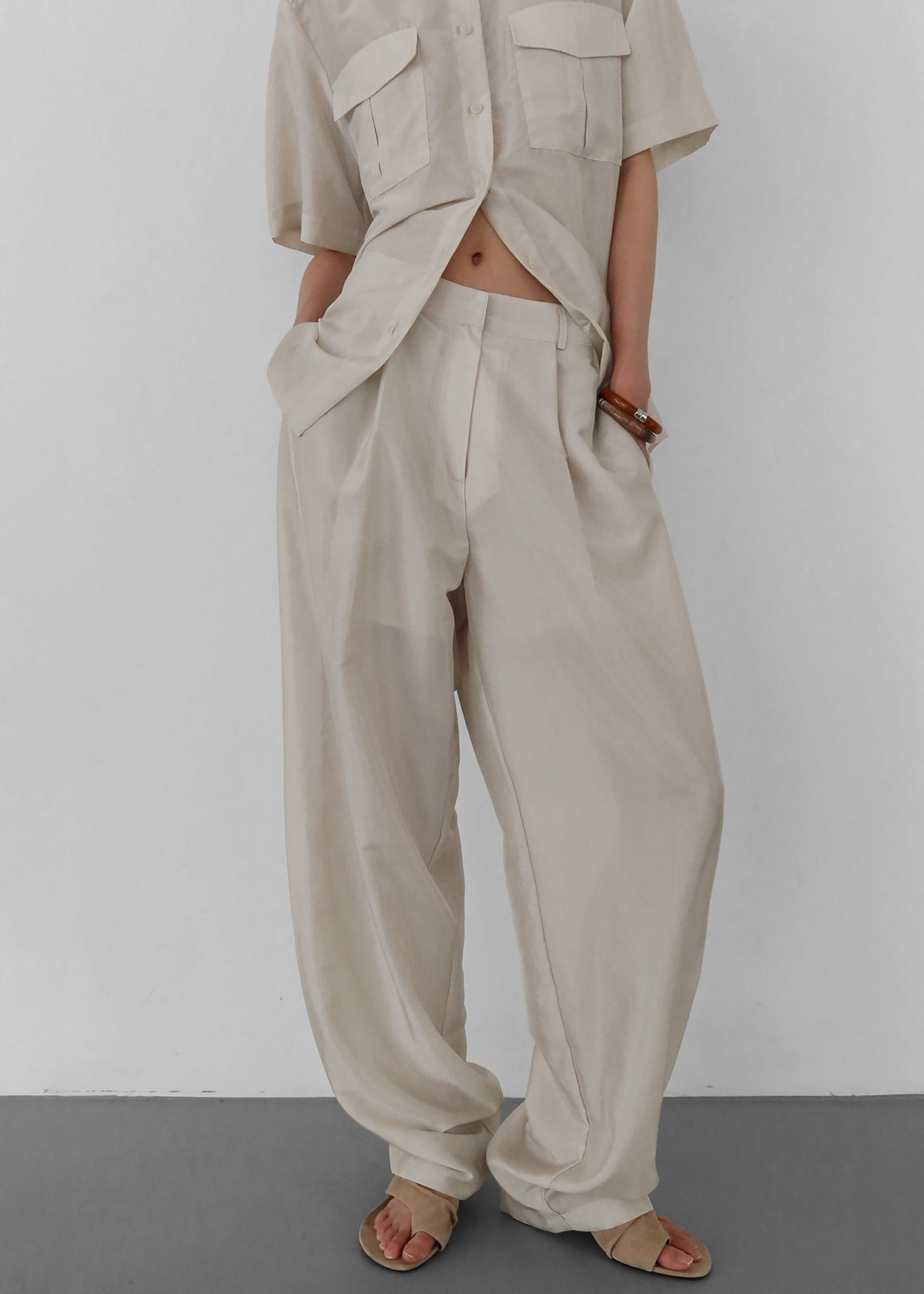 Aduna Satin Pleated Trousers - Light Beige - 2