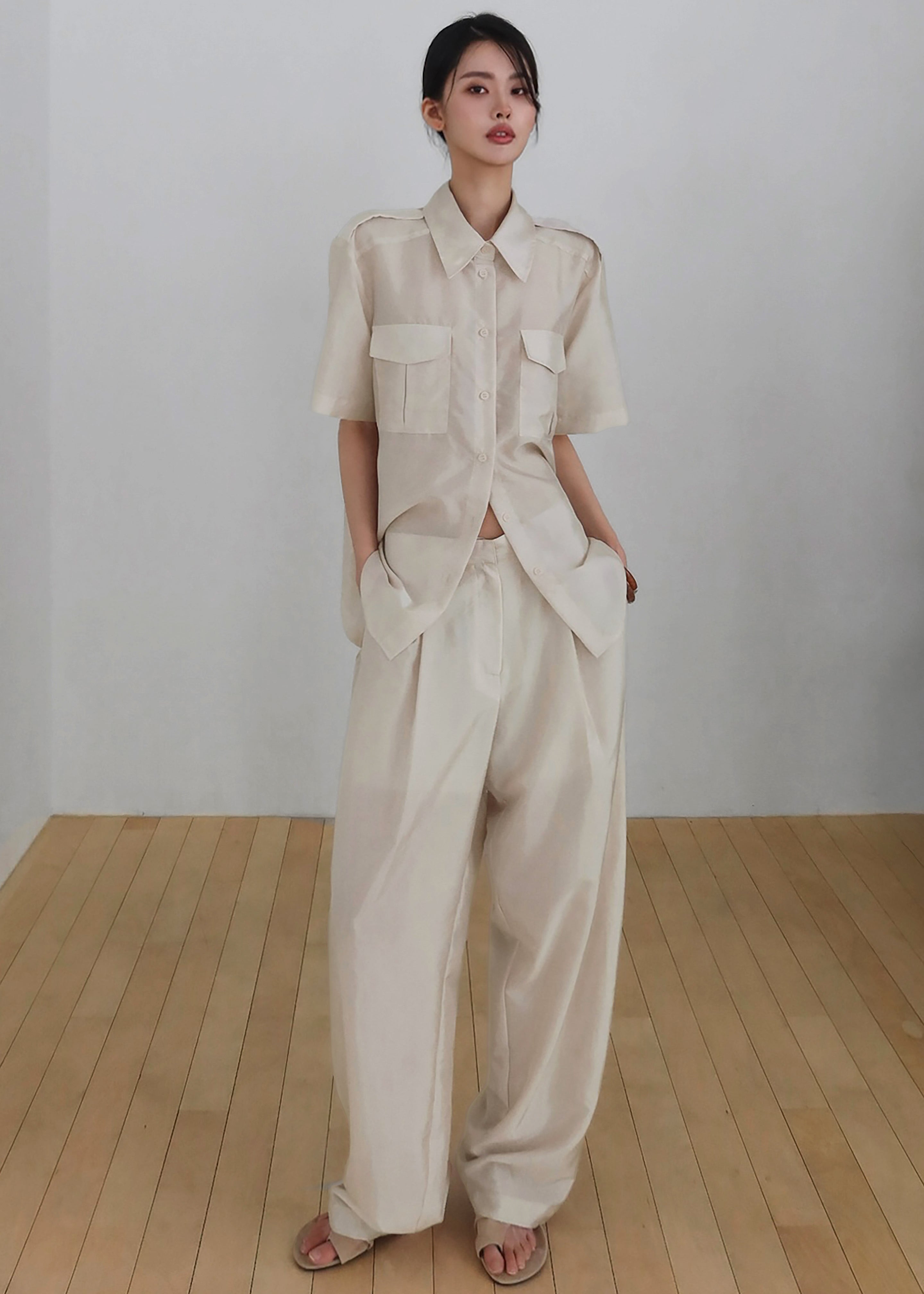 Aduna Satin Pleated Trousers - Light Beige - 5